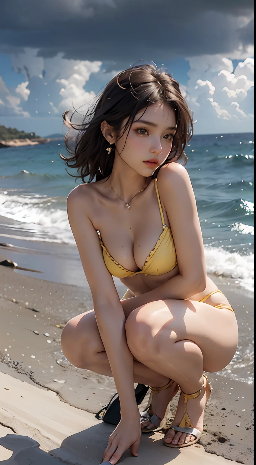 costa sea side, weather under hurricane, strong wind, strong rain, yellow color micro bikini, head and full body, Extremely cute human eighteen year old girl, bare legs, very beautiful and feminine, short, petite, beautiful breast, small, busty buttocks, large bust, large breast, bare legs, bare legs, cleavage display, flat belly display, detailed eyes, detailed nose, super detailed on face, partial accessory with earring on the ear, very stylish, award-winning product design, tights, bare legs, Shiny breast top opens at the cleavage and abdomen, stylish, glowing trims, atmospheric perspective, 8k, super detail, Accurate, best quality,
