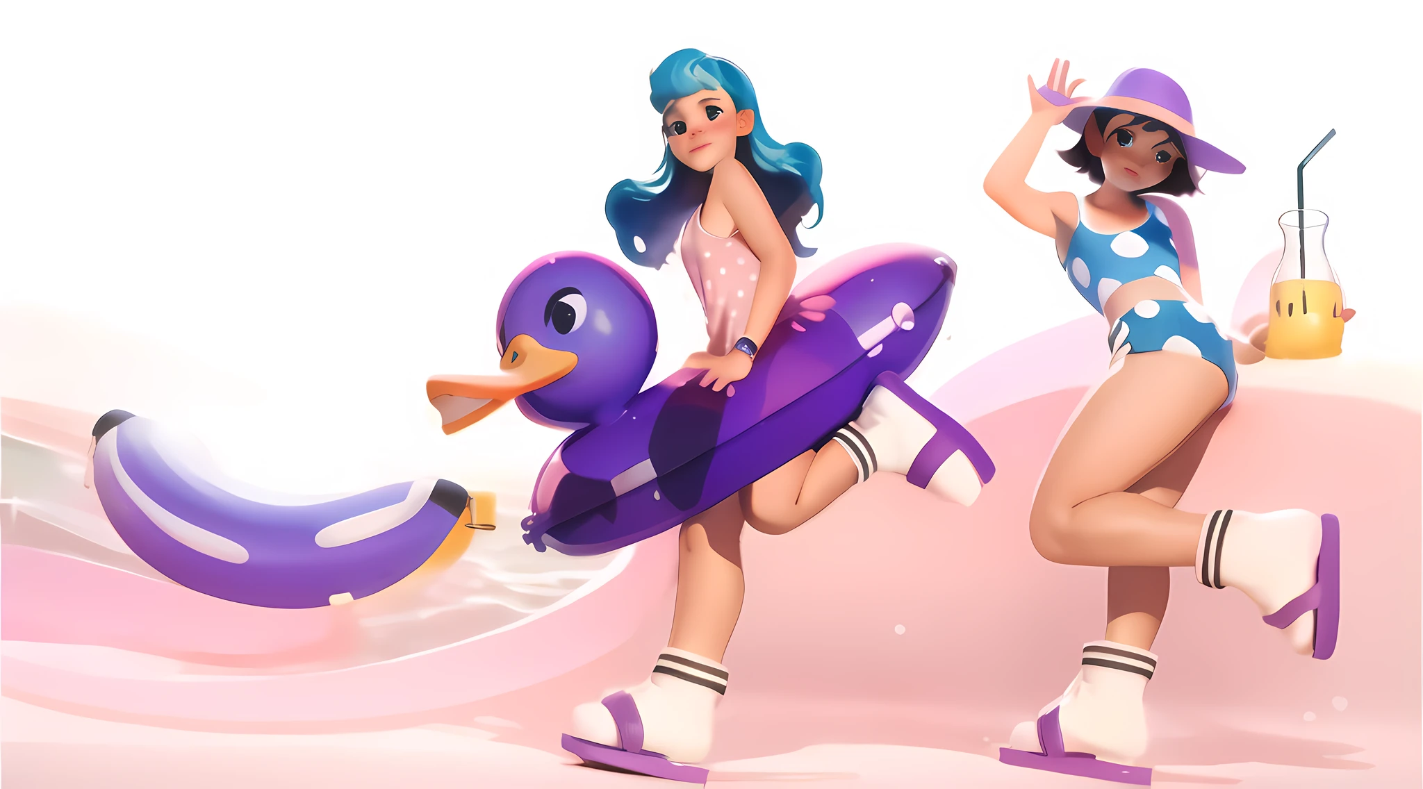 (8k,tmasterpiece,Best quality at best:1.5),超高分辨率,The edges of the object are rounded,The best shadow,illustratio,high detal,The is very detailed,
Two cartoon girls,wear a swimsuiti,(Wear socks and slippers:1.5),The arms and soles of the feet are thick,(A girl on the right is wearing a polka-dot bikini:1.5),Wearing a purple sun hat,holding a drink,A girl on the left has pink blue hair,(A purple duck-shaped swimming ring is draped around his waist:1.5),(Look at the audience with a smile:1.5),Have fun running by the sea。Behind are pink waves,There is a purple banana boat on the left,Pink。studio lit,3d, c4d, blender, ocrederer,pinterest,dribbble,high detal,8k,Detail enhancement,Clarity enhancement,toplight