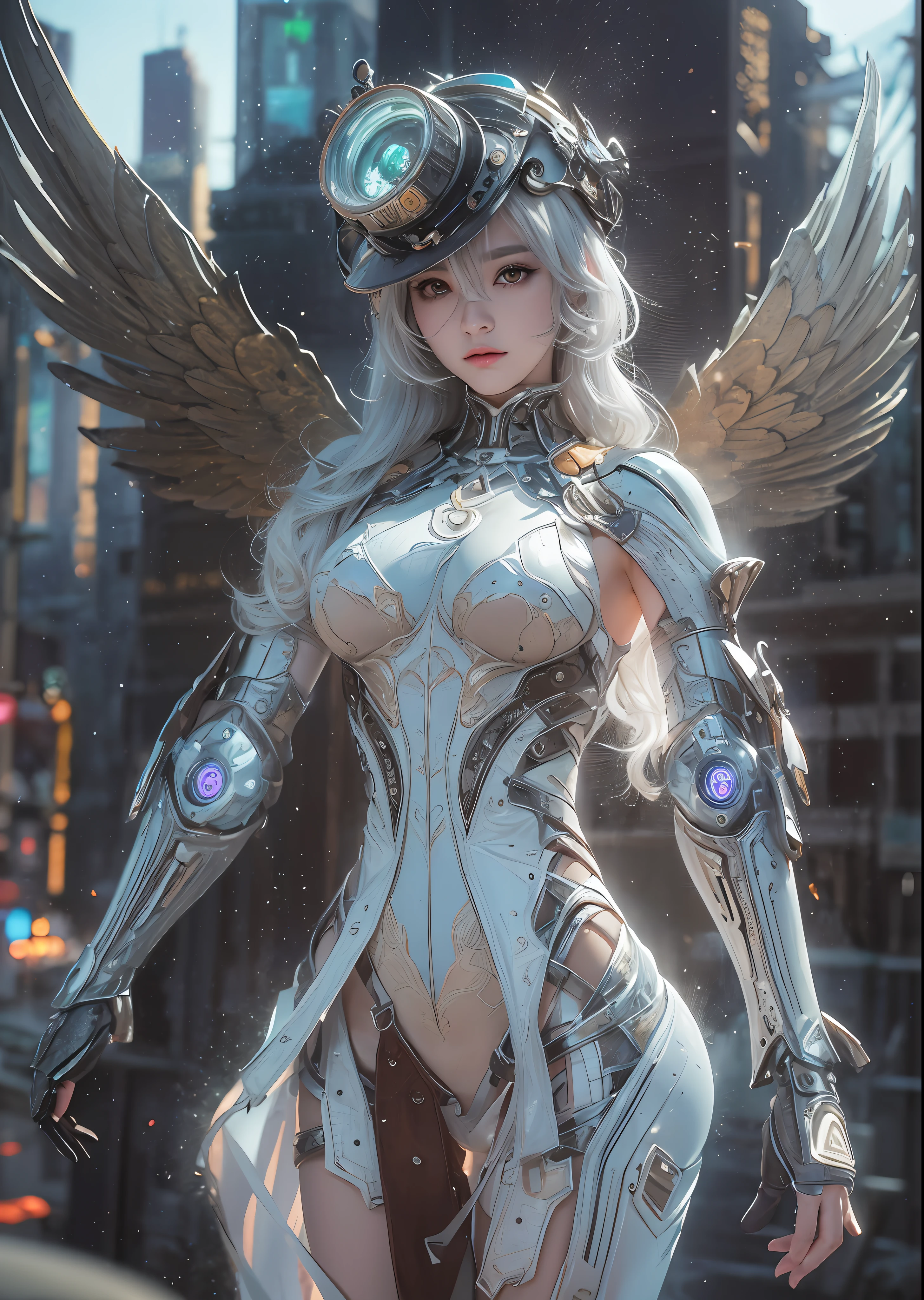 top-quality、masterpiece、超A high resolution、(Photorealsitic:1.4)、Raw photo、Powered Suit Angel、large wings made of metal、White porcelain body、Acrylic Clear Cover、white hair、glowy skin、1 Powered Suit Girl、((super realistic details))、portlate、globalillumination、Shadow、octan render、8K、ultrasharp、character edge light,Colossal tits、Raw skin is exposed in cleavage、Details of complex ornaments、Sumerian details、Hydraulic cylinder、Small LED lamp、highly intricate detail、Realistic light、a purple eye、radiant eyes、Facing the camera、neon details、cowboy shot、Futuristic headgear、The background is a steampunk city、、
