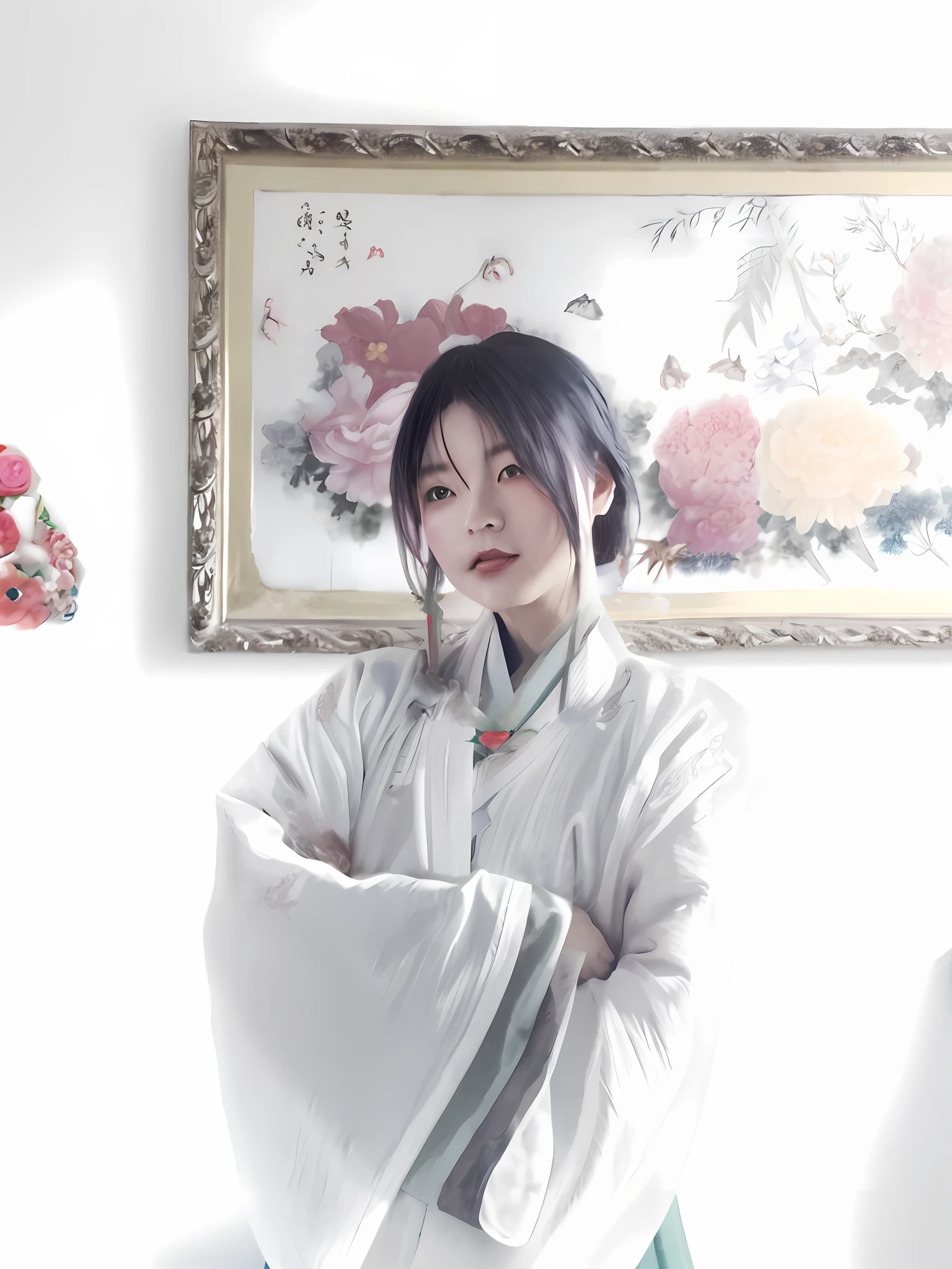 There is a woman standing in front of a painting with flowers, White Hanfu, Palace ， A girl in Hanfu, with acient chinese clothes, inspired by Ma Yuanyu, Hanfu, Inspired by Tang Yifen, inspired by Zhang Yan, inspired by Lü Ji, inspired by Gu An, inspired by Zhang Xuan