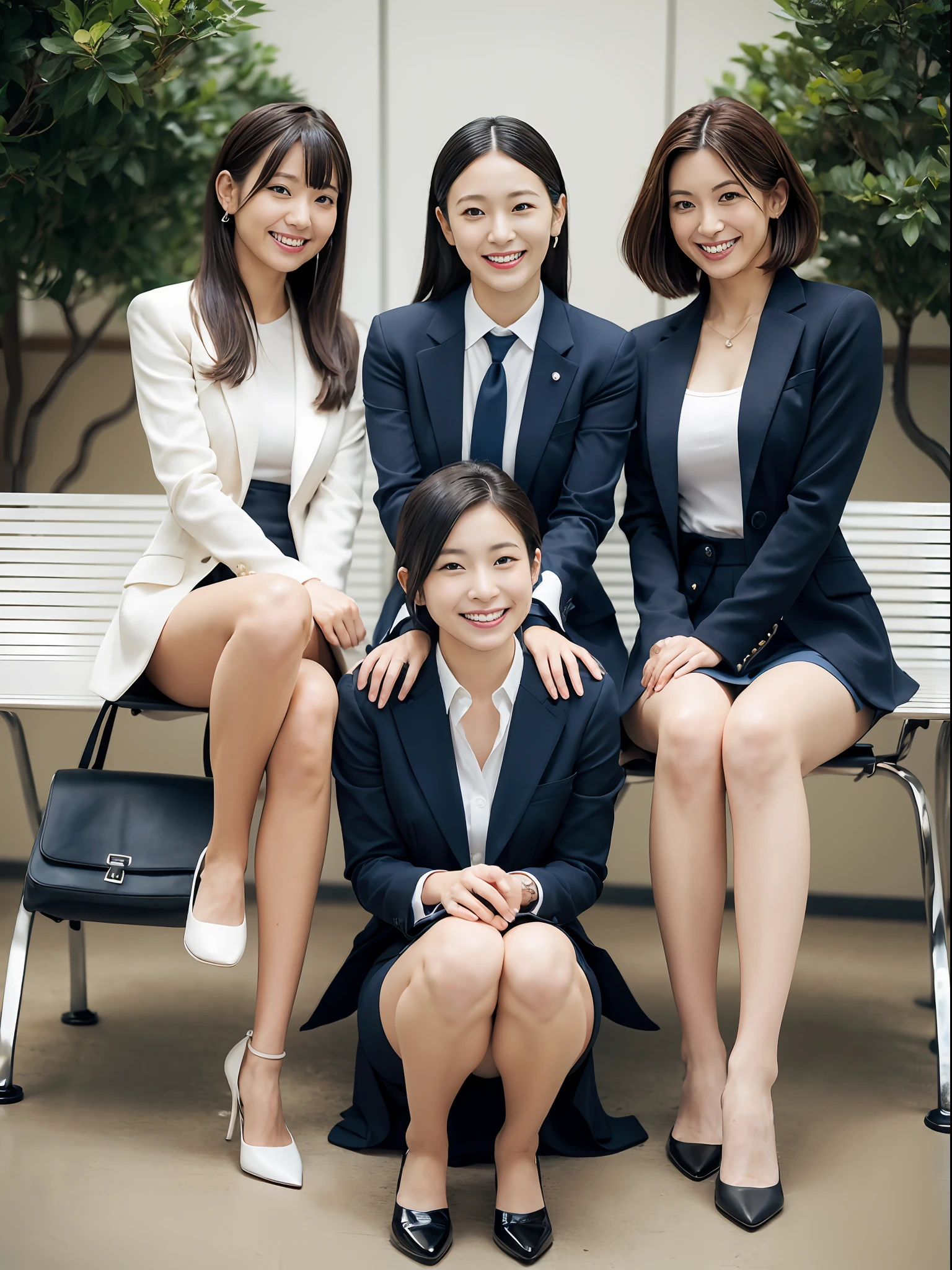 (masutepiece:1.3), (8K, Photorealistic, Raw photography, Best Quality: 1.4), (Lifelike face), Realistic eyes, Beautiful eyes, (realskin), Beautiful skin, Ultra high definition, Hyper-realistic, hight resolution, Beautiful Japan Woman、(Suits:1.2)、、(A smile:1.5)、(3 persons:1.5)、(Sit down and open your crotch:1.4)、Colossal tits、Officelady、a miniskirt、Panchira、