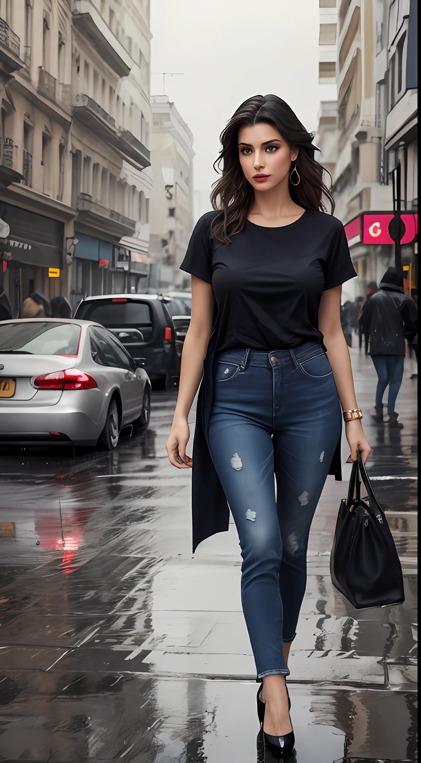 ((Best Quality, 8k, Masterpiece:1.3)), Focus: 1.2, Perfect Body Beauty: 1.4, front looking 1.2, (black medium length wavy hairstyle)), 29 years old Arabian beauty, (black round neck plain Baggy Tee-shirt, baggy style, full length:1.1) , (rainy weather, Street:1.3), torn blue jeans, full length dark blue tight rip jeans: 1.1, Highly detailed face and skin texture, highly detailed hand fingers, highly detailed fingers nails, Detailed eyes, Double eyelids, toned body, Whitened skin, black straight hair's, high heels, Large breasts, firm thighs, looking at camera, fashion shoot style, full body length tee-shirt, Short sleeves, ankle boots, big earrings, lots of fashion hand bangle's and stripes, golden watch. Carrying hand bag, light lipstick, No any print on Tee-shirt , regular fit, long street, buildings, cars headlights on, rainy weather, dark cloud's, walking style, middle eastern beautiful women, model shoot, building's, neon signs, Smokey atmosphere, high rise buildings, open legs, standing wide legs, modeling style, fashion shoot styling. Pump's shoe's, coat shoes