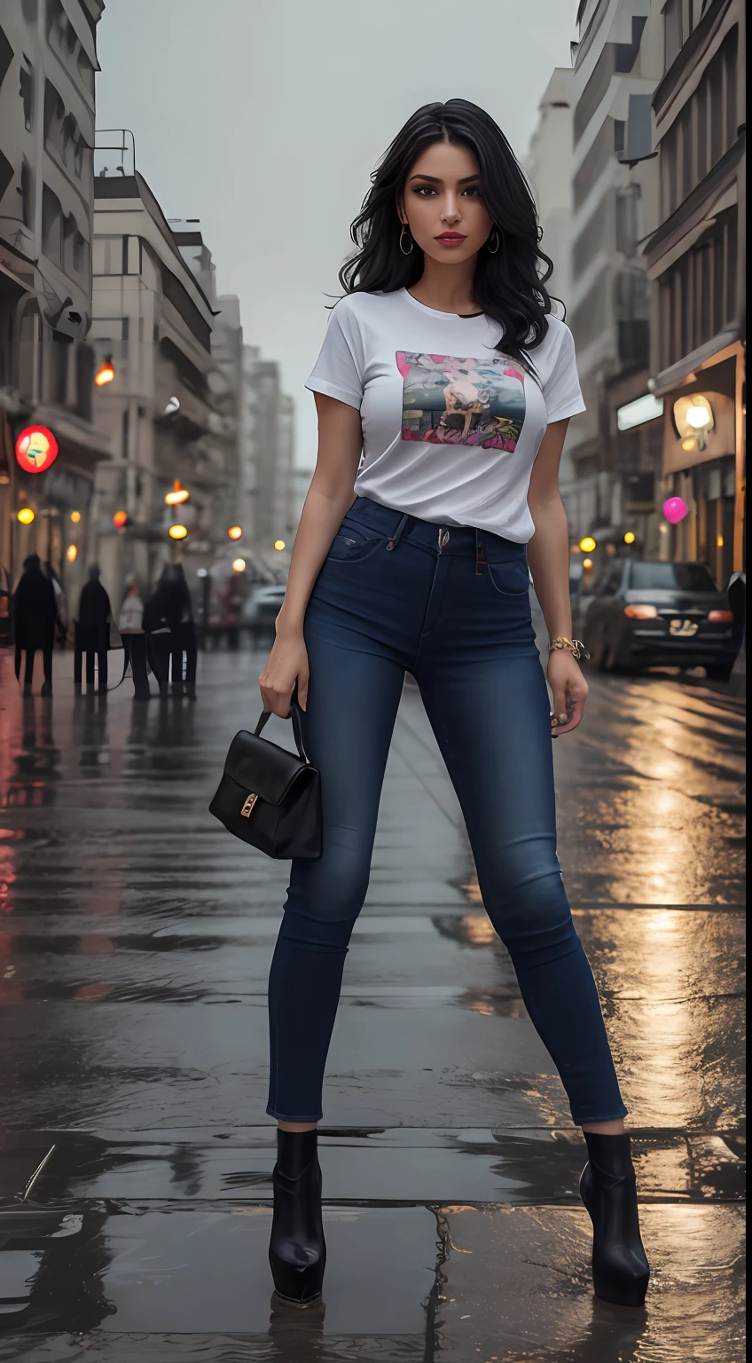 ((Best Quality, 8k, Masterpiece:1.3)), Focus: 1.2, Perfect Body Beauty: 1.4, front looking 1.2, (black medium length wavy hairstyle)), 29 years old Arabian beauty, (black round neck plain Baggy Tee-shirt, baggy style, full length:1.1) , (rainy weather, Street:1.3), torn blue jeans, full length dark blue tight rip jeans: 1.1, Highly detailed face and skin texture, highly detailed hand fingers, highly detailed fingers nails, Detailed eyes, Double eyelids, toned body, Whitened skin, black straight hair's, high heels, Large breasts, firm thighs, looking at camera, fashion shoot style, full body length tee-shirt, Short sleeves, ankle boots, big earrings, lots of fashion hand bangle's and stripes, golden watch. Carrying hand bag, light lipstick, No any print on Tee-shirt , regular fit, long street, buildings, cars headlights on, rainy weather, dark cloud's, walking style, middle eastern beautiful women, model shoot, building's, neon signs, Smokey atmosphere, high rise buildings, open legs, standing wide legs, modeling style, fashion shoot styling. Pump's shoe's, coat shoes