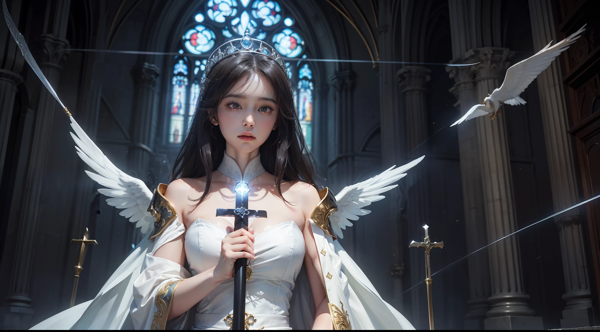 （Award-winning digital artwork：1.3） af （sketching：1.3），（with dynamism：1.3），（Saturation：1.3），（Close portrait：1.3），（femele：1.4），（big breasts beautiful： 1.4),(carismatic:1.3),angelicales，Perfect Detailed Eyes，Bright magic，Church background，Large breasts，complex patterns，Film filter, ，dramatics，dynamicposes，illusory engine， (High detail: 1.9)，Glowing sword，long white robe