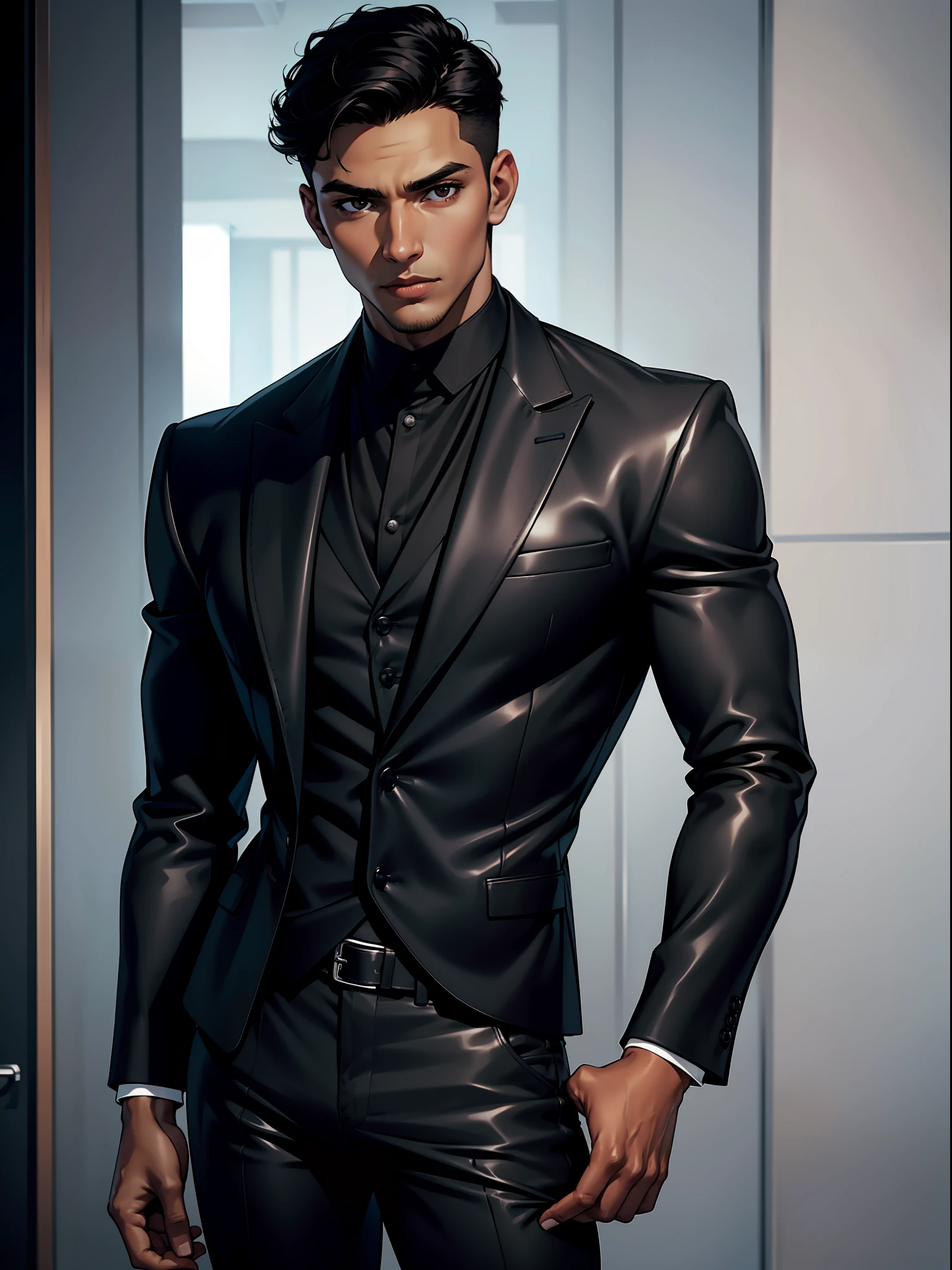 slim black brown skin man with short black hair, with dark brown eyes, wearing a black blazer, wearing a gray silk long-sleeved shirt, wearing black tight leather pants,