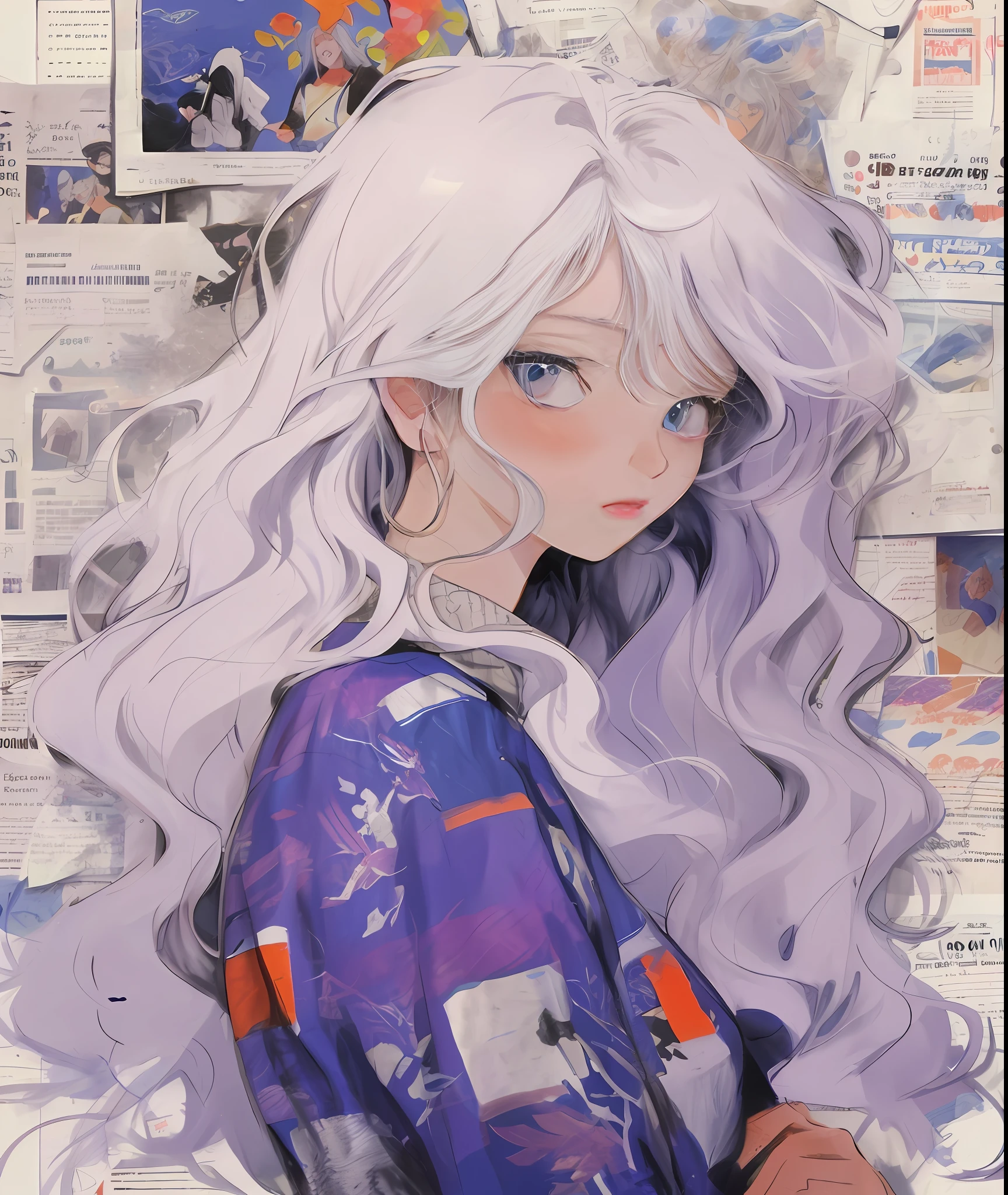 Anime girl with long white hair and blue eyes in front of the newspaper, animeaesthetic, Anime style illustration, Digital anime illustration, messy wavy white hair, anime vibes, anime-inspired, anime illustration, anime graphic illustration, Retro anime girl, beautiful anime art style, a beautiful anime portrait, Anime art style, Girl with white hair, Perfect white haired girl, Soft anime illustration