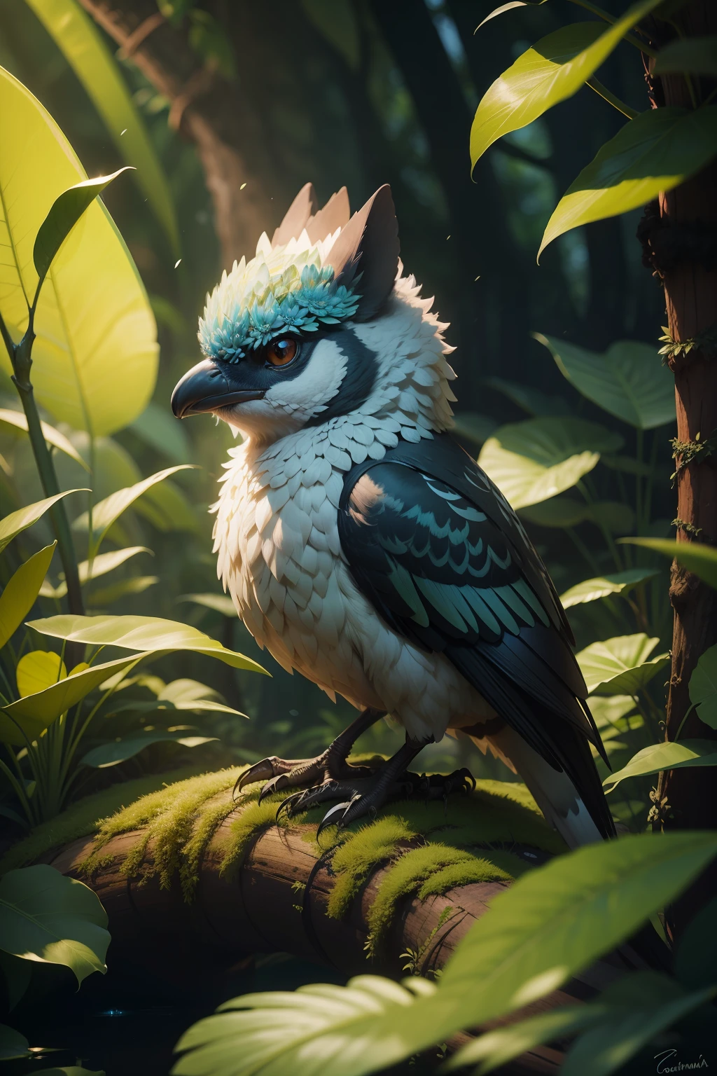 Grande coruja sentada em uma rocha perto da floresta, animal muito fofo, 3D arte, arte digital altamente realista, arte conceitual ultra realista, arte conceitual fotorrealista, bela arte digital, coruja fofa filhote hiper-realista, Arte digital altamente detalhada em 8k, arte digital altamente detalhada, pintura digital altamente detalhada, estilo Disney, coruja filhote fofa, floresta encantada, castelo
