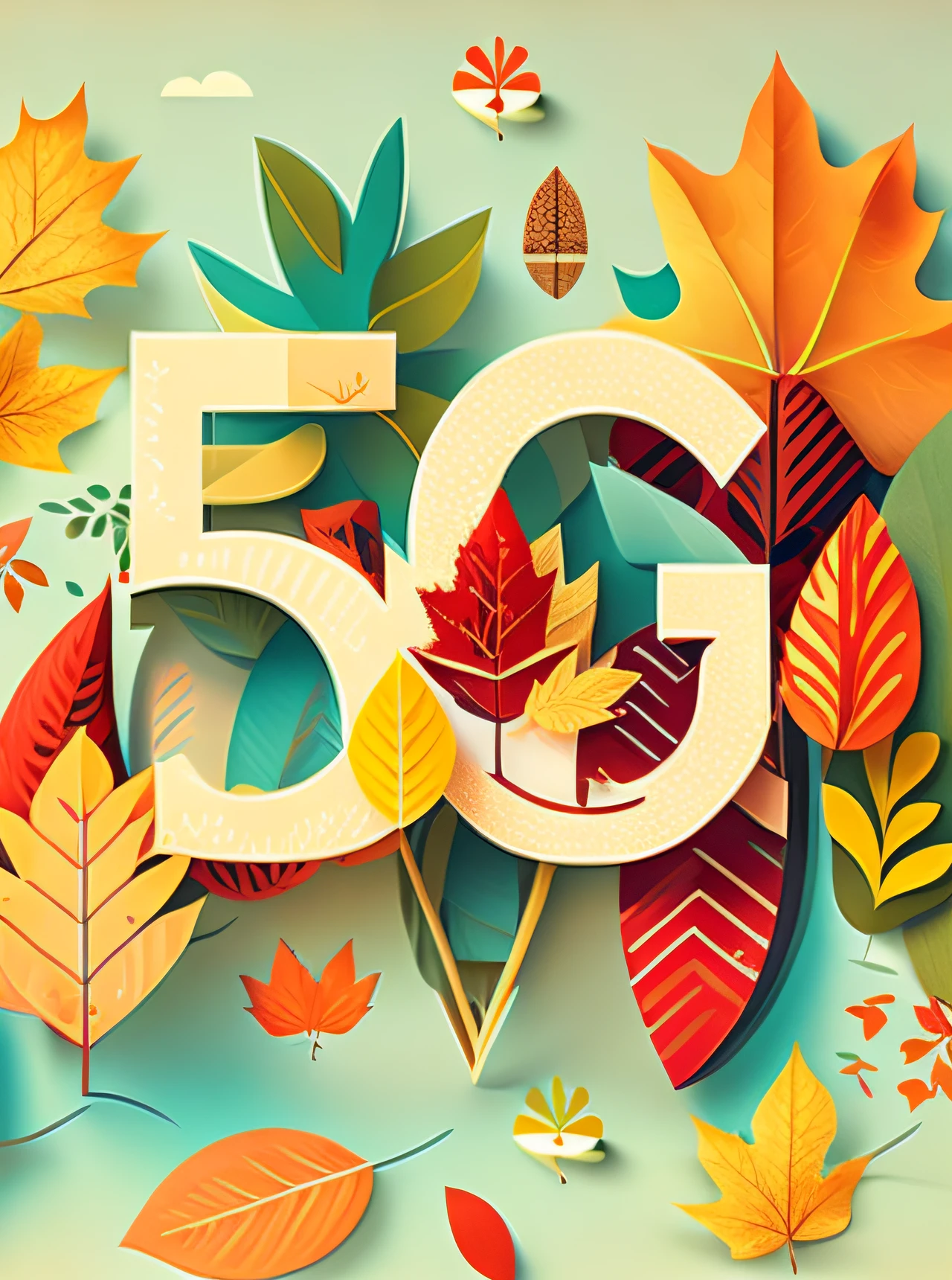 poster for,illustration,autumnal,Flat style,Falling leaves surround the "5G" text