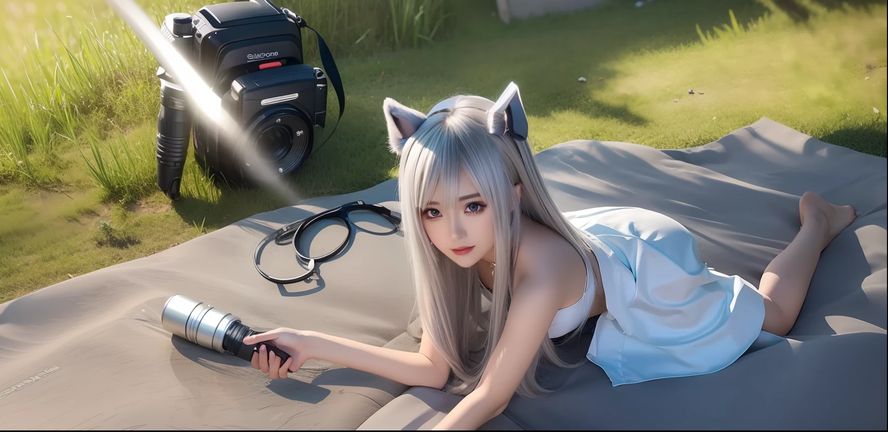 Kizi,exteriors,silber hair,green grasslands,cinematric light,chase,natta,Flashlight