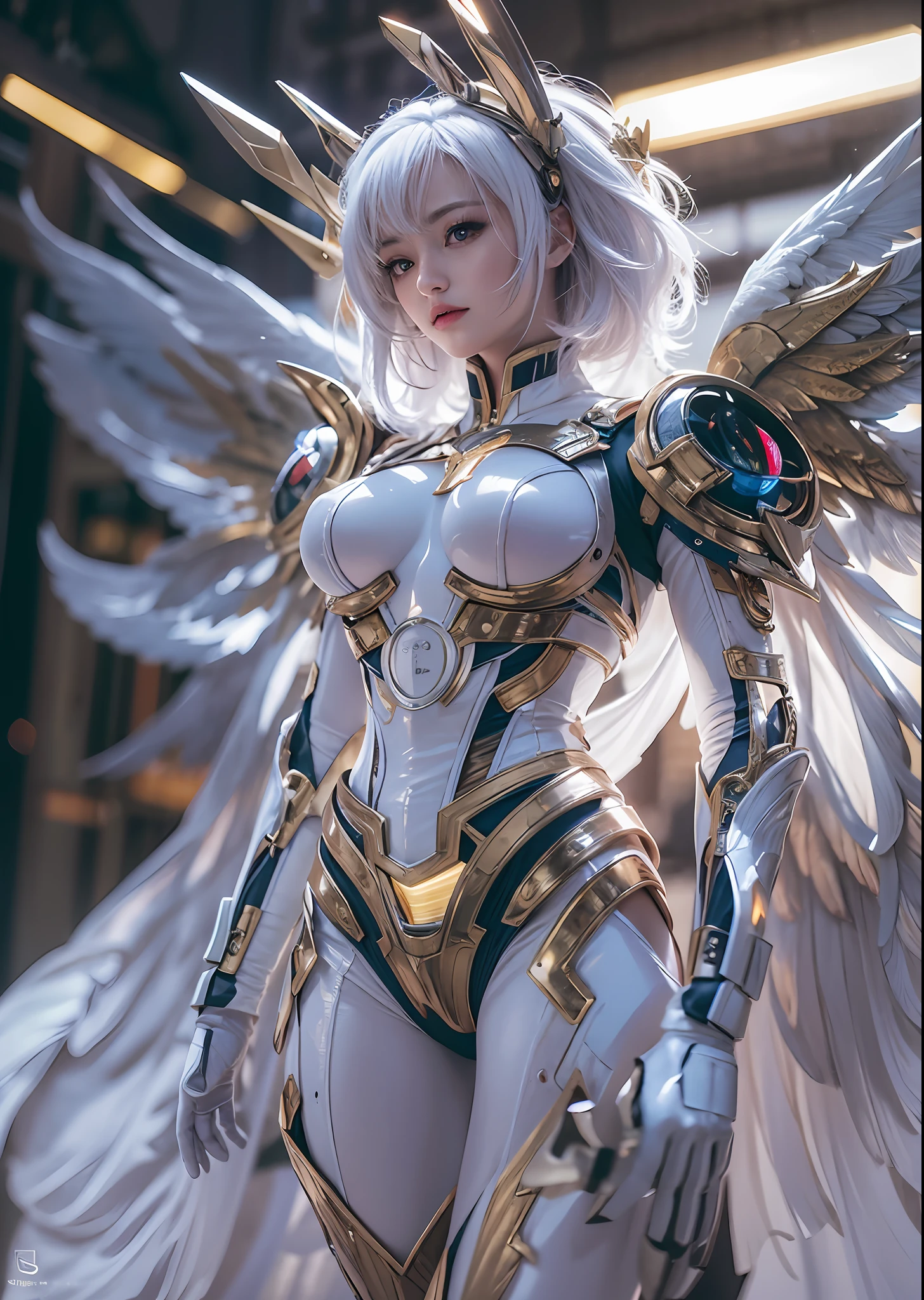 top-quality、​masterpiece、超A high resolution、(Photorealsitic:1.4)、Raw photo、Powered Suit Angel、large wings made of metal、White porcelain body、Acrylic Clear Cover、white  hair、glowy skin、1 Powered Suit Girl、((super realistic details))、portlate、globalillumination、Shadow、octan render、8K、ultrasharp、character edge light,Colossal tits、Raw skin is exposed in cleavage、Details of complex ornaments、Zeta Gundam details、Hydraulic cylinder、Small LED lamp、highly intricate detail、Realistic light、a purple eye、radiant eyes、Facing the camera、neon details、cowboy  shot、Futuristic headgear、The background is a steampunk city、、