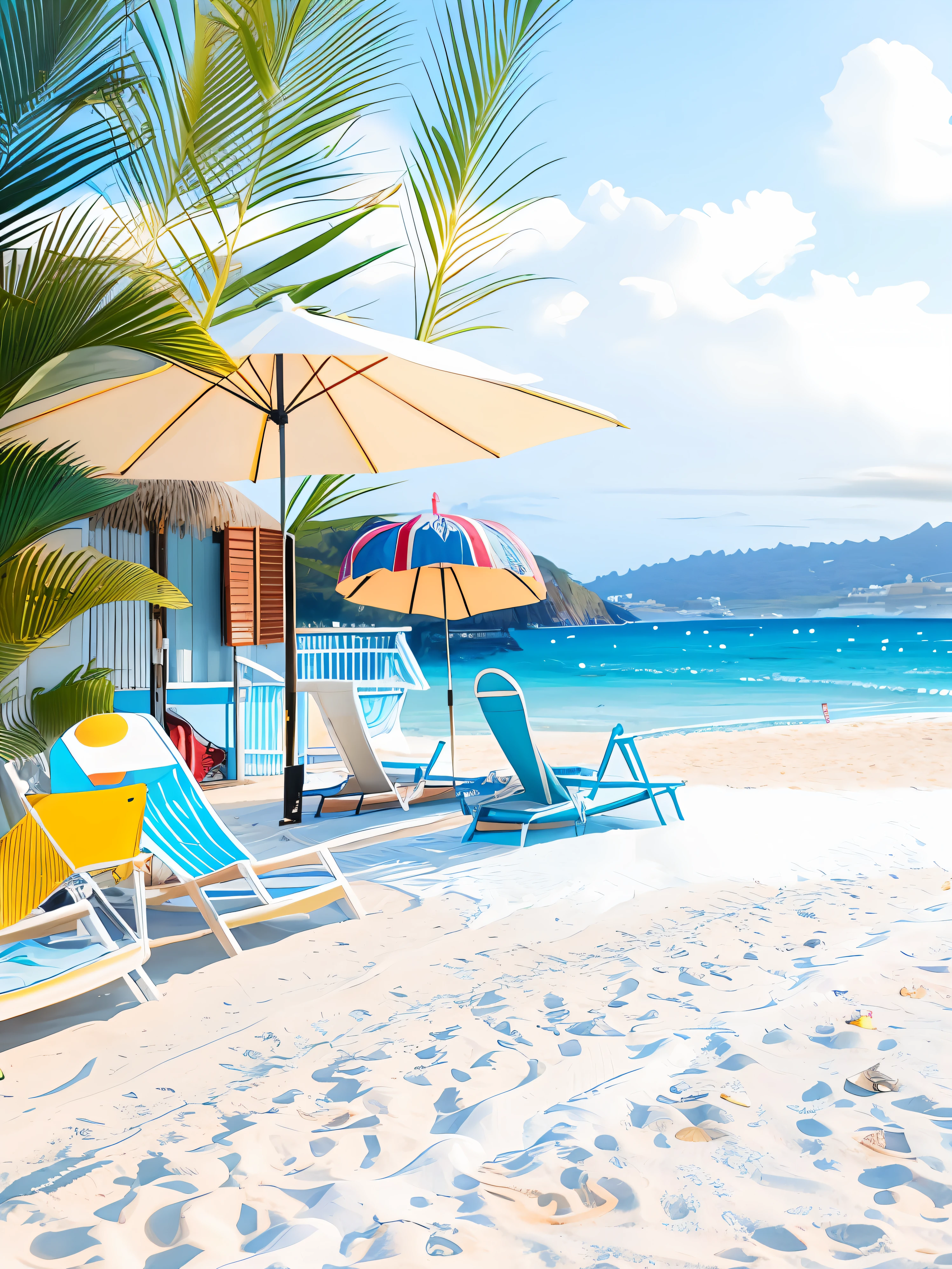 There are beach chairs on the beach、Umbrellas and surfboards, beach setting medium shot, beach setting, seaside backgroud, beach aesthetic, Beach scene, Beach background, Happy Italian beach scene, sunny day at beach, relaxing on the beach, Entitled "Beach holiday", landscape of a beach, relaxing on the beach,