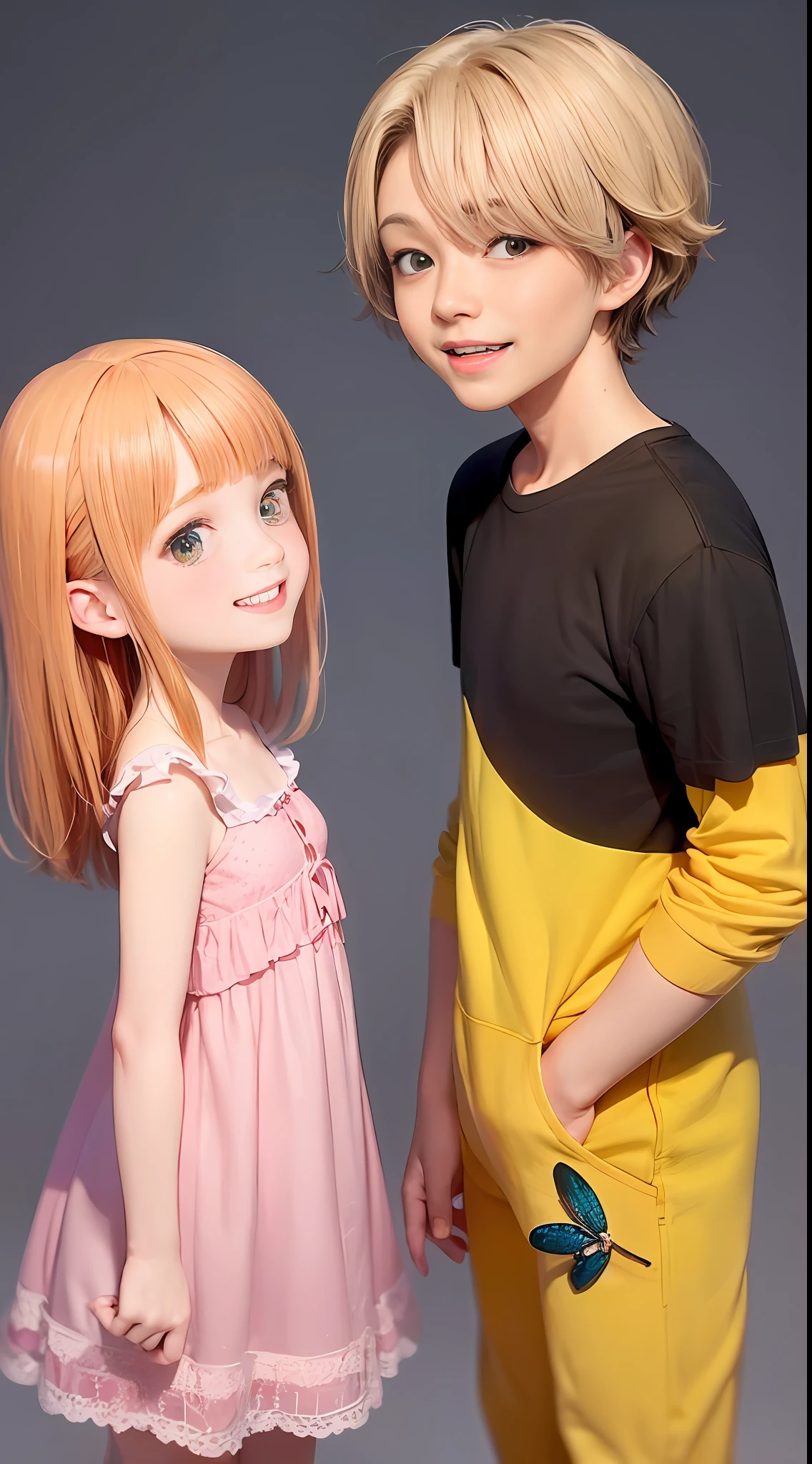 (Extremely beautiful Pixar-style graphics,8 year old boy+8old girl,Happy smile,Simple clothes,dragonfly,Cute smile)
