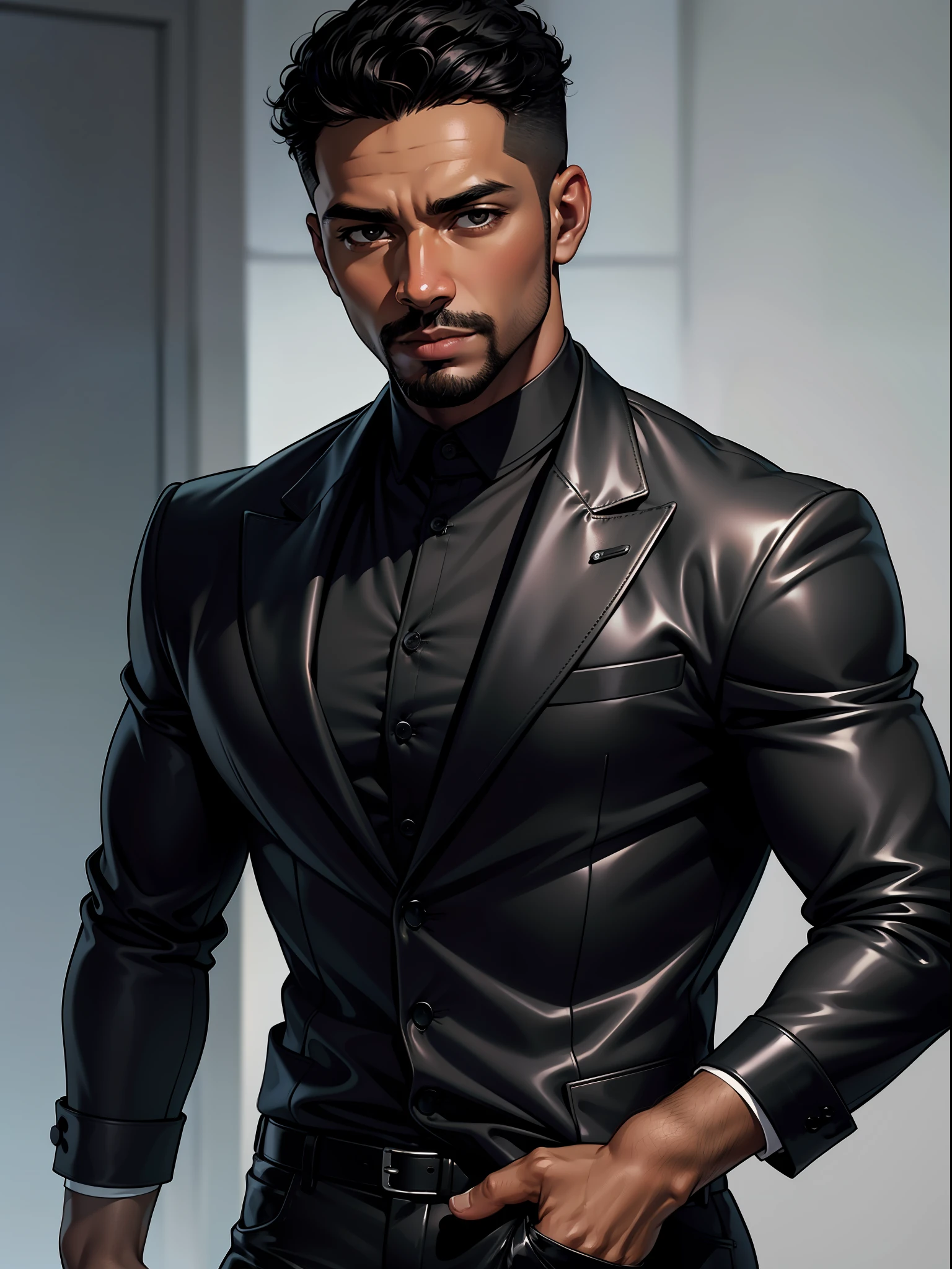 Portrait ,detailed, realistic, closeup, black man with short black hair, with dark brown eyes, wearing a black blazer, wearing a gray silk long-sleeved shirt, wearing black tight leather pants