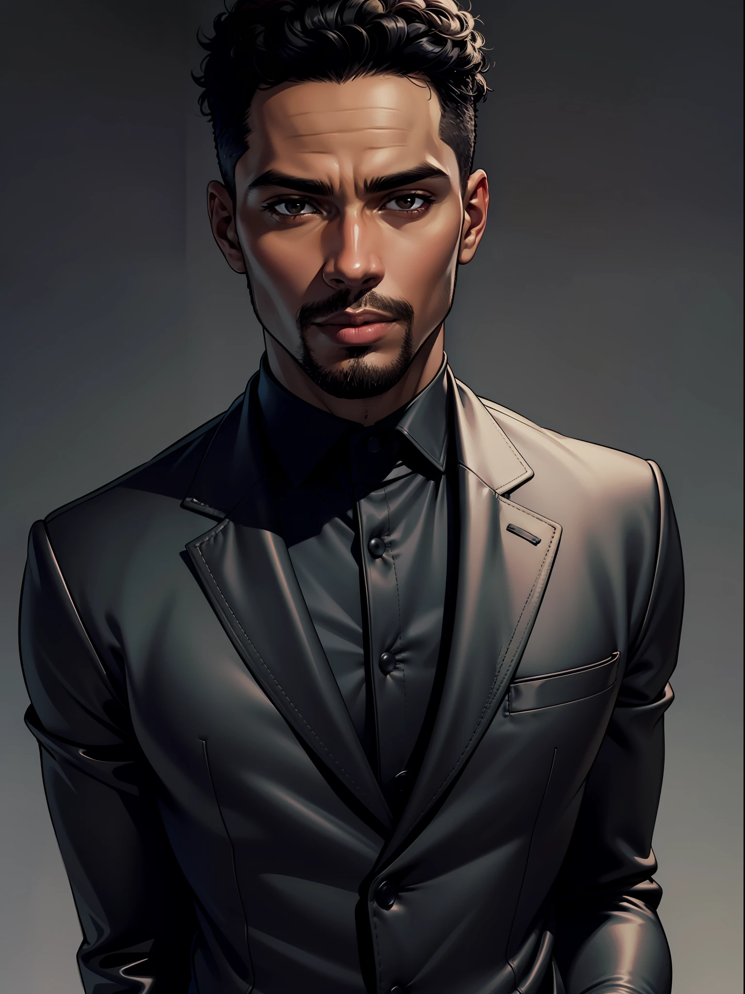 Portrait ,detailed, realistic, closeup, black man with short black hair, with dark brown eyes, wearing a black blazer, wearing a gray silk long-sleeved shirt, wearing black tight leather pants