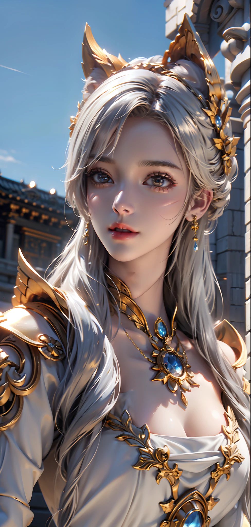 Close-up of gold and white statues,Super detailed rendering,3 D rendering character art 8 K,Intricate white and gold armor,high detail iconic character,8k render,Octane rendering,Futuristic style werewolf