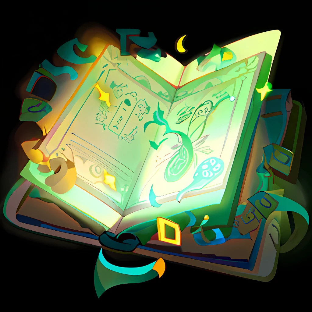 A game icon,An open book,There were magic spells floating out of it,in style of ghibli,pastelcolor,Yellow-green-white,succinct