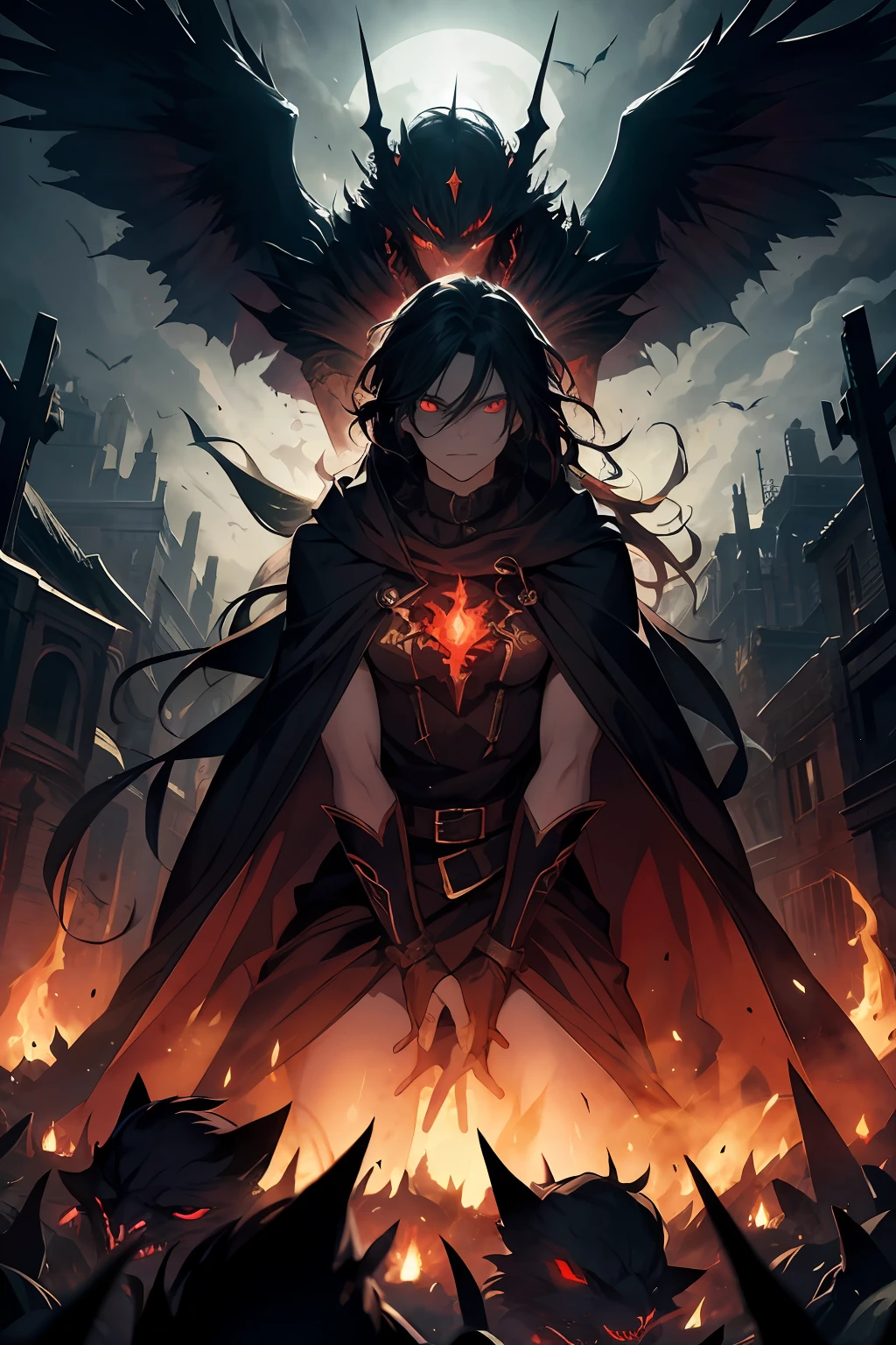 The Hell Messenger: a haunting and sinister character, with fiery red eyes and a cloak of shadows. Intense lighting and dramatic shadows highlight their menacing presence. The background is a dark and mysterious realm, with flickering flames and billowing smoke. Show the Hell Messenger conjuring dark magic or delivering devastating news to evoke a sense of fear and awe. Captivate with intricate details, intricate costume design, and a dynamic pose. Create an eerie and surreal atmosphere, with a touch of supernatural elements. --auto