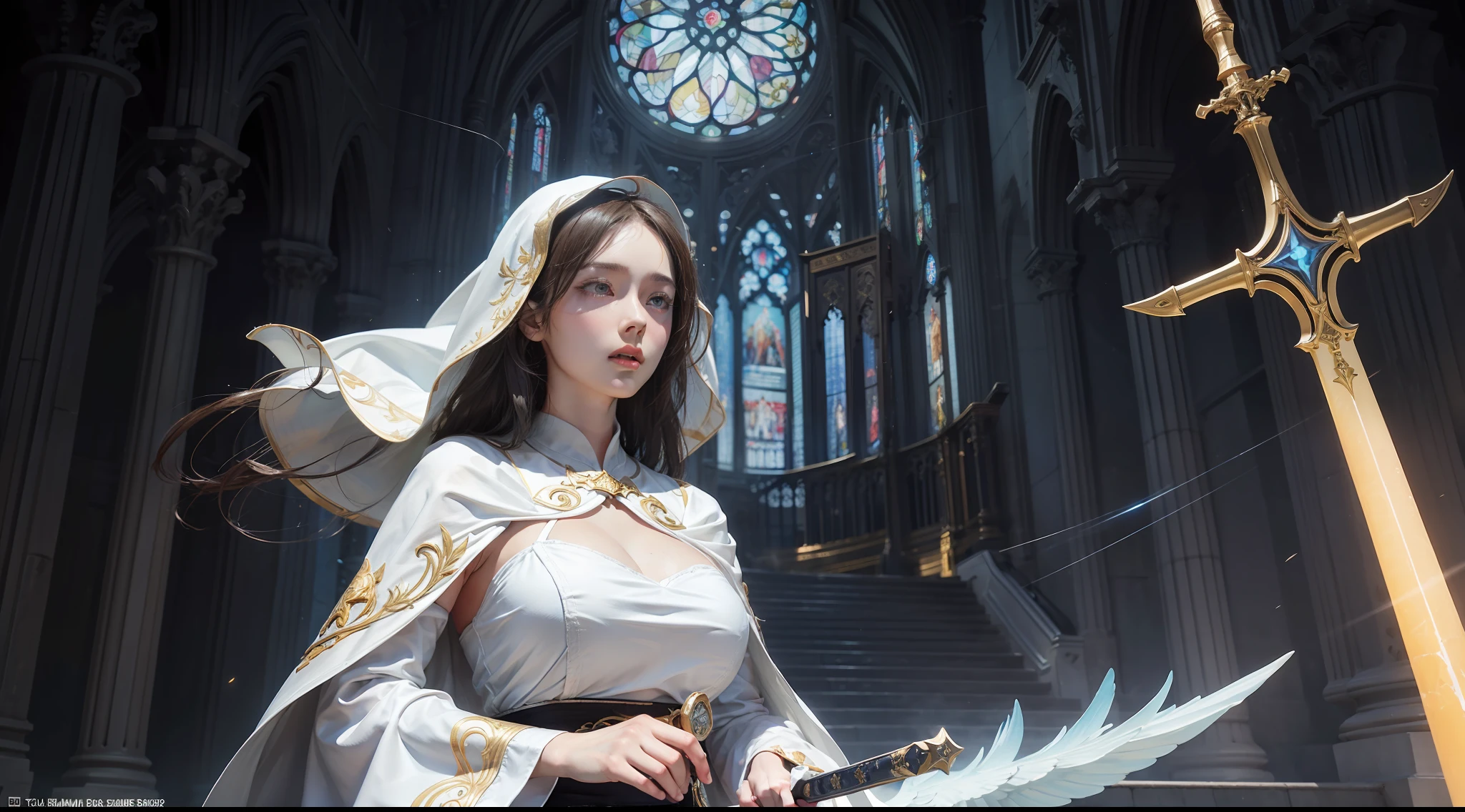 (Award-winning digital artwork:1.3) af (sketching:1.3),(with dynamism:1.3),(Saturation:1.3),(Close portrait:1.3),(femele:1.4),(big breasts beautiful: 1.4),(carismatic:1.3),angelicales,Perfect Detailed Eyes,Bright magic,Church background,Large breasts,complex patterns,Film filter, ,dramatics,dynamicposes,illusory engine, (High detail: 1.9),Glowing sword,long white robe