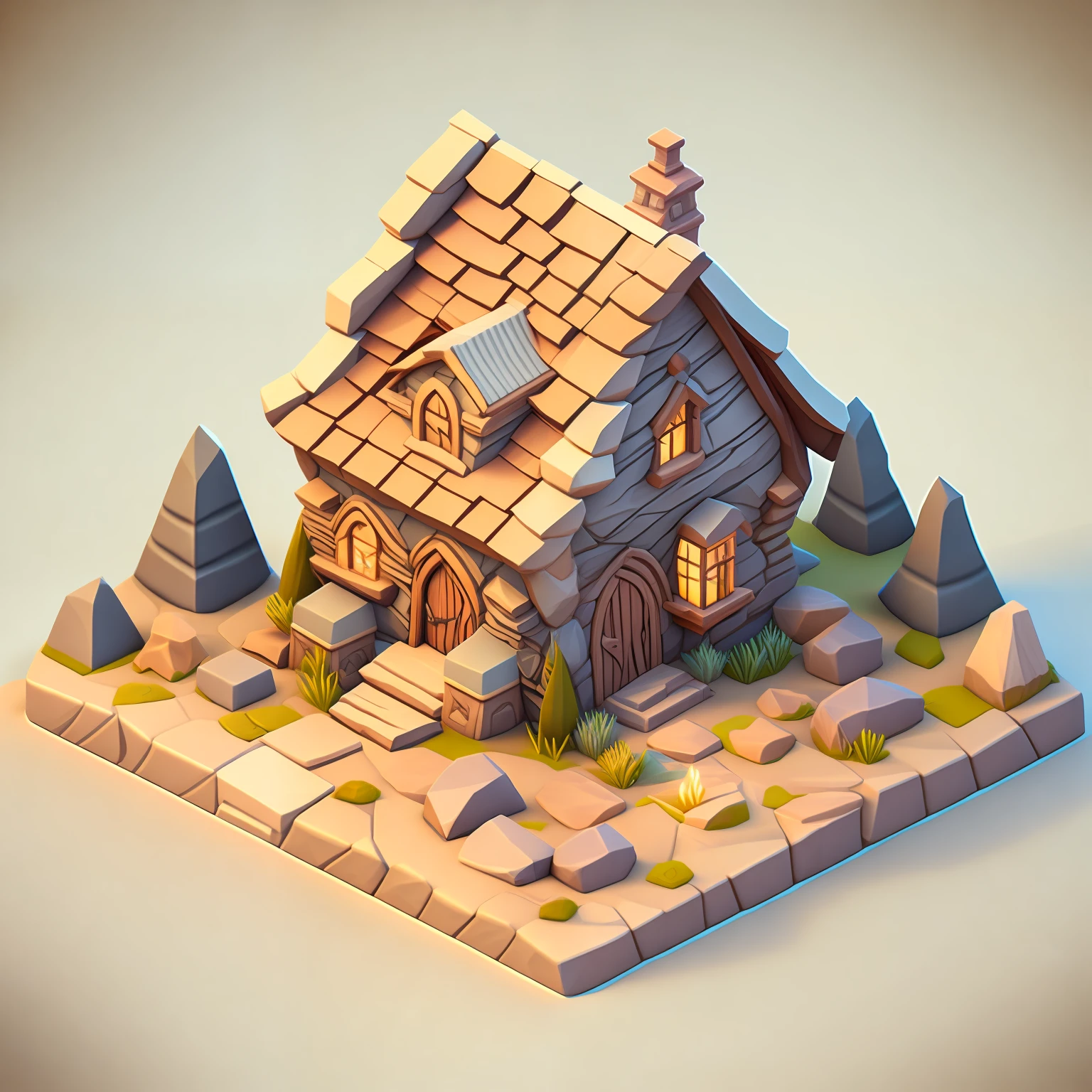 Isometric house, RPG style, Cartoony, DnD, fantasy, mobile game，Primitives，Animal bones，stone，wood