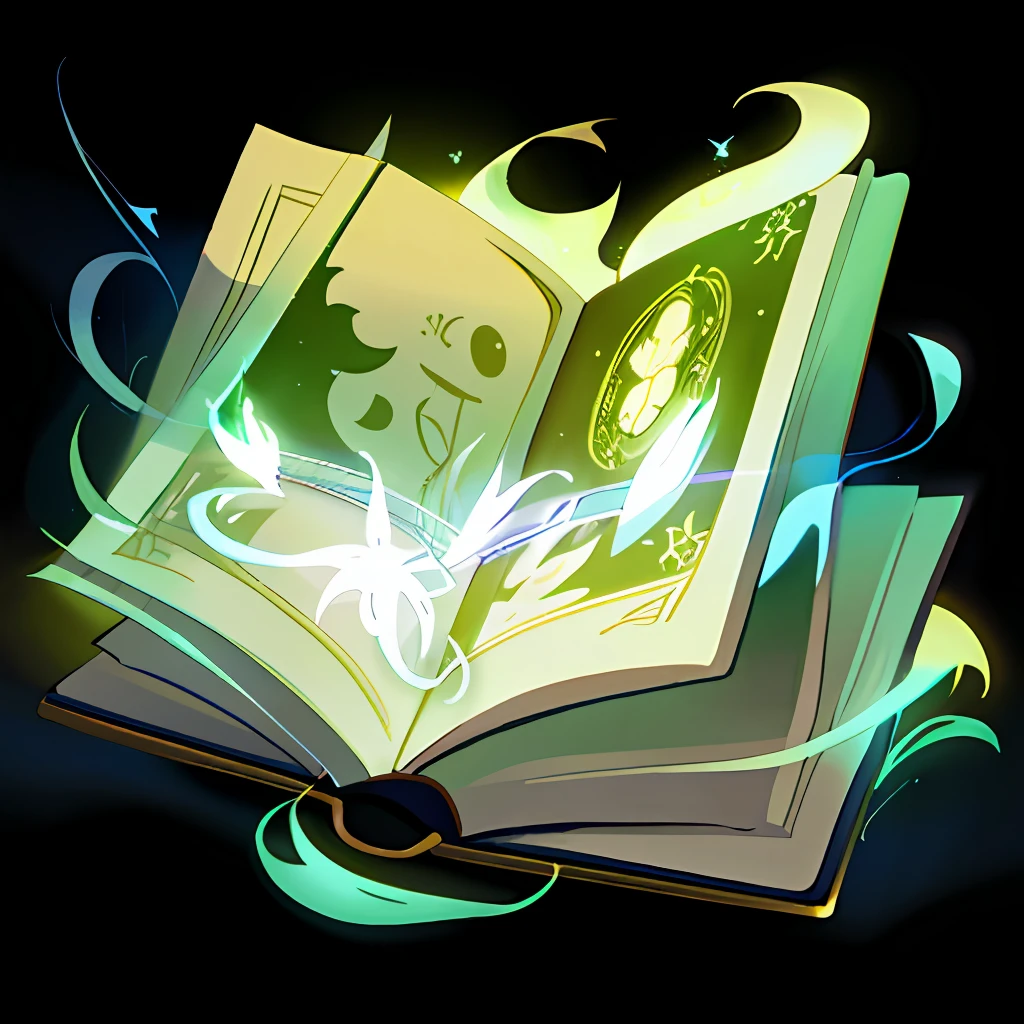 A game icon,An open book,There were magic spells floating out of it,in style of ghibli,pastelcolor,Yellow-green-white,succinct