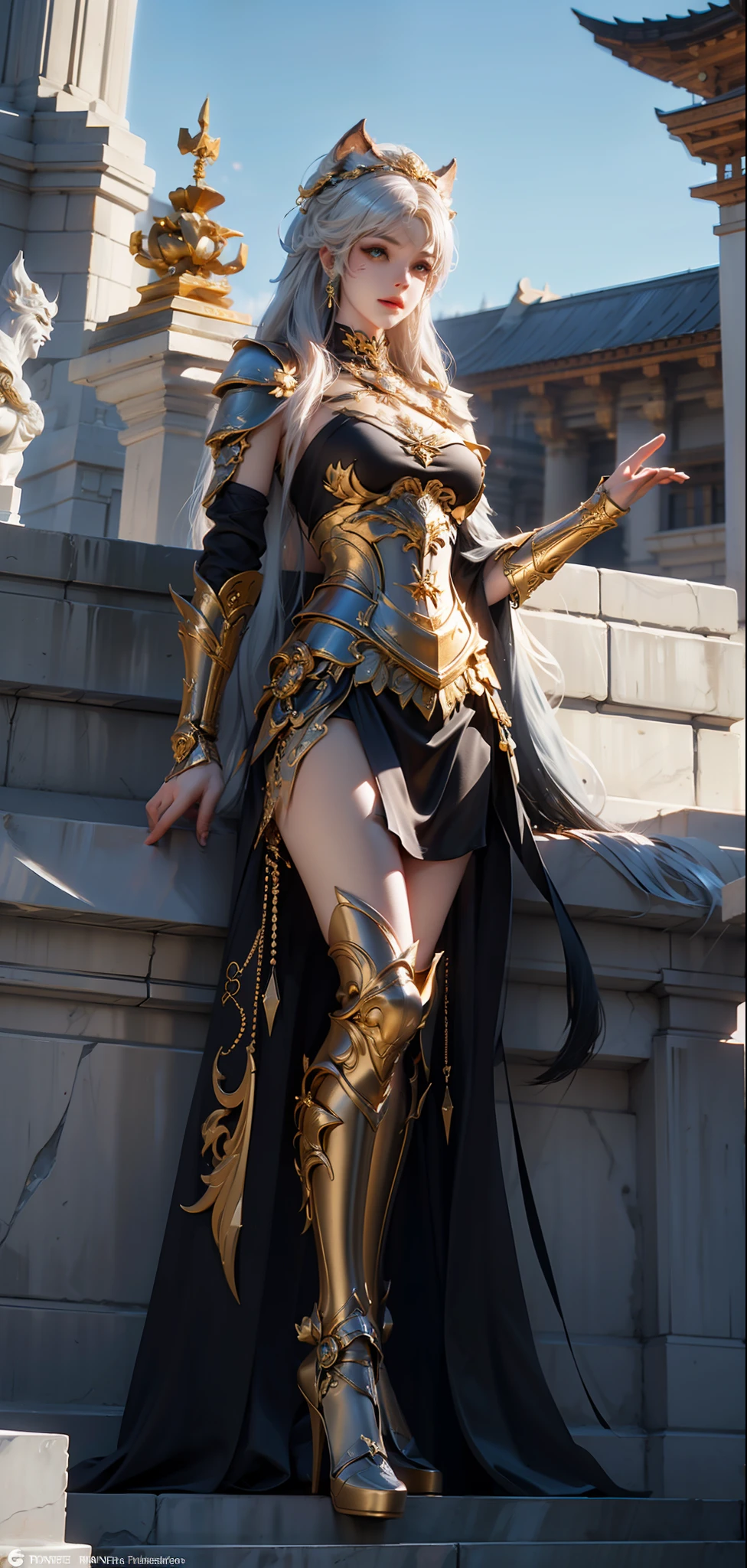 Close-up of gold and white statues,Super detailed rendering,3 D rendering character art 8 K,Intricate white and gold armor,high detail iconic character,8k render,Octane rendering,Futuristic style werewolf,Large long black legs