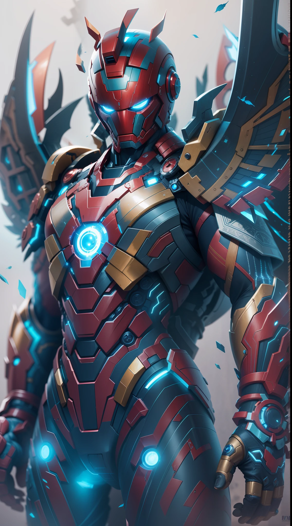 (Ultra resolution 8K), (Stunning illustration), de Thor viste el traje de Iron Man, merging the essence of the God of Thunder with advanced technology. The metal armor, en rojo y dorado, se adapta a su figura imponente. El pecho presenta el reactor de arco, with an electric blue glow. El casco enmarca su rostro serio, con ojos que brillan en azul intenso. Powerful retractable wings on its back and arms equipped with thrusters give it agility and power during flight and combat. En su mano derecha, Holding a glowing technological axe, canalizando sus poderes divinos. This fusion symbolizes the union between strength and technology, mostrando una sinergia impresionante.