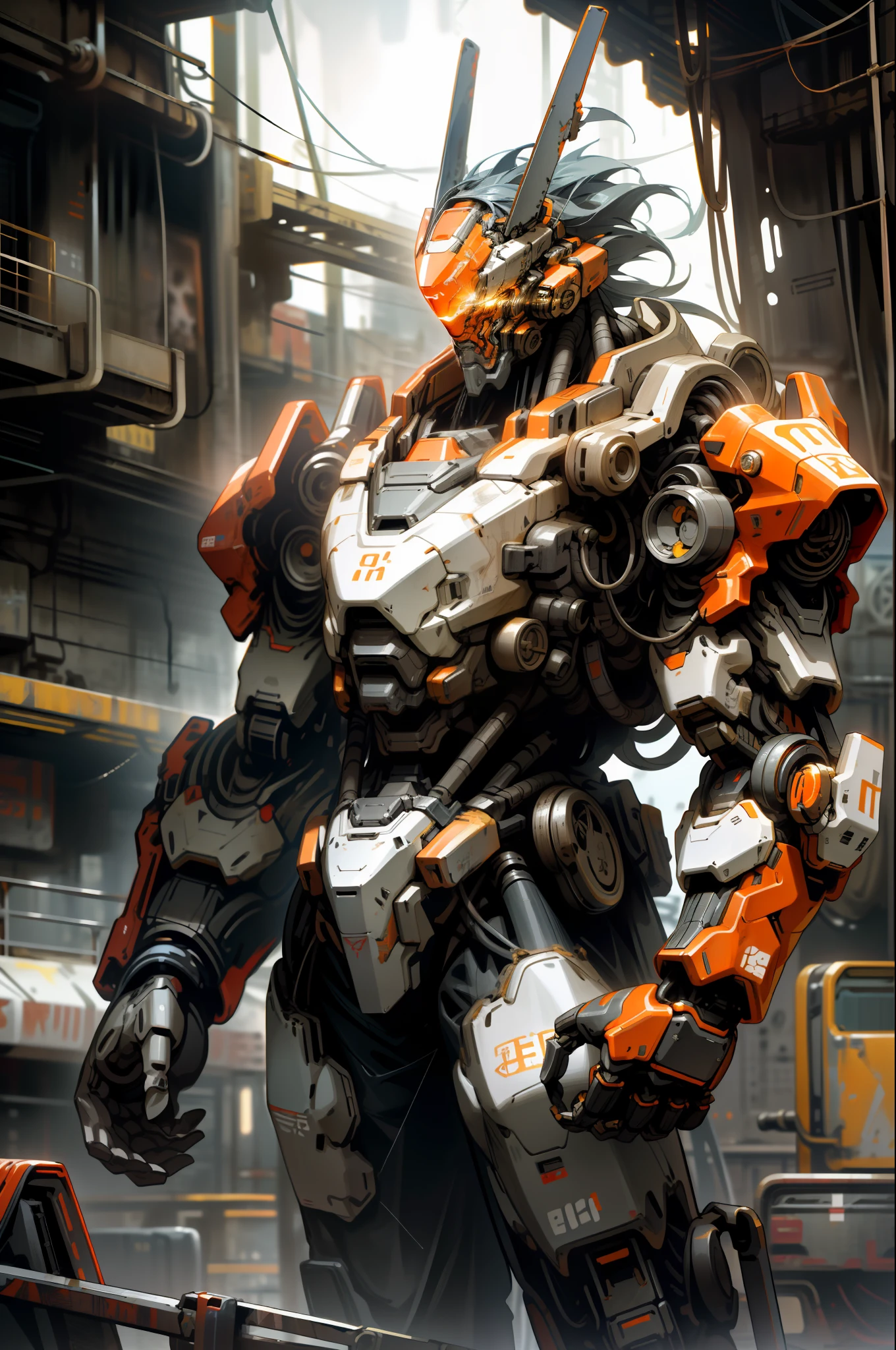 On the moon, barren planet, ruins, holding weapons, no humans, glowing, robot, building, glowing eyes, orange mech, science fiction, city, reality, mecha, galaxy background, full body, neon, cyber Punk, 8K wallpapers, ultra-detailed artwork, cinematic lighting, realistic photos, Dark_Fantasy, Cyberpunk, (chain saw, chain saw man, Red: 1.1), 1man, Mechanical marvel, Robotic presence, Cybernetic guardian, wearing a worn-out machine armor suit, intricate, (steel metal [rust]), elegant, sharp focus, photographed by greg rutkowski, soft lighting, vibrant colors, masterpiece, ((street)), cowboy shot, dynamic pose,