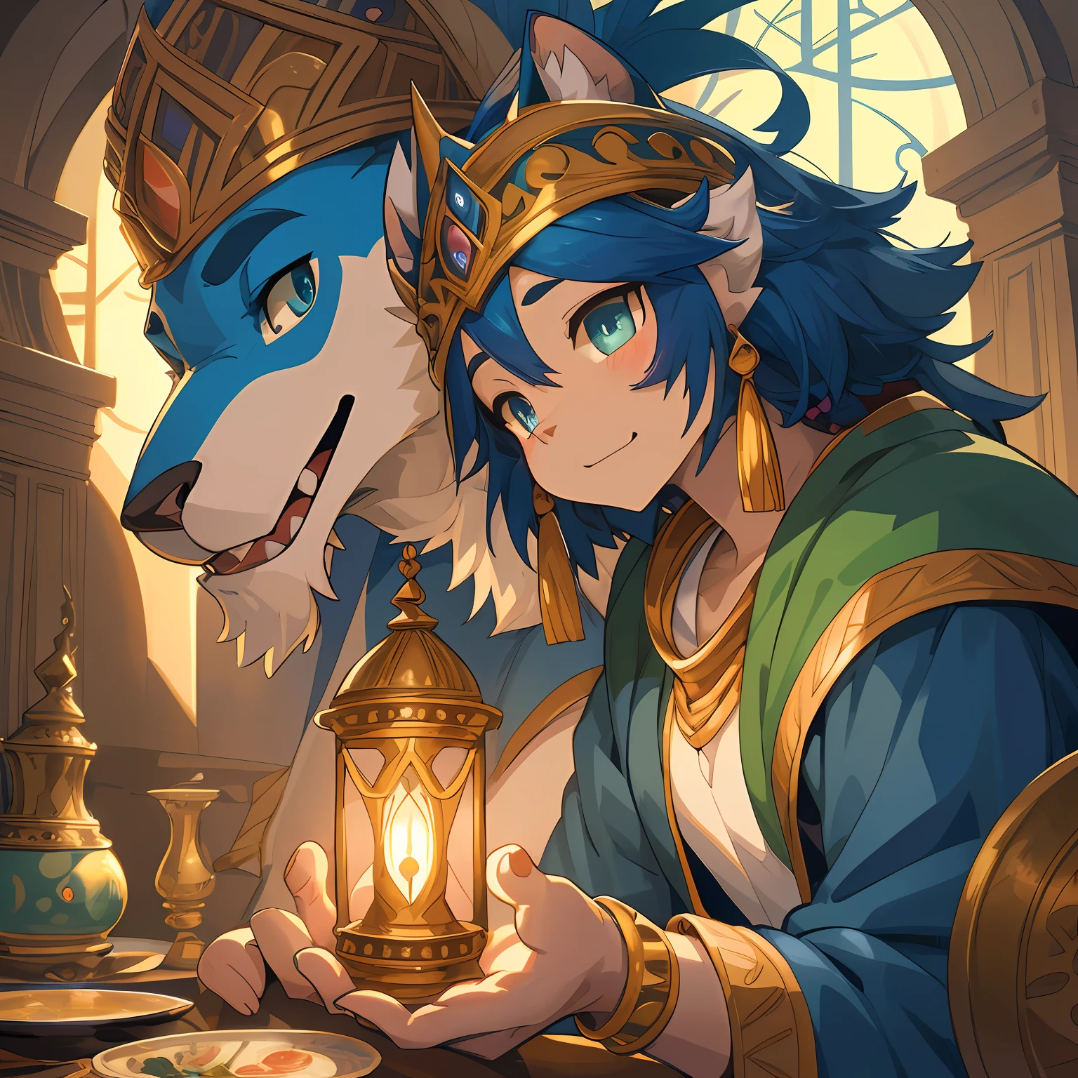 top quality, best quality, High-quality illustrations, masterpiece, super high resolution, detailed background, detailed background, Aladdin, The Arabian Nights' Entertainment, Sassanid, turkish lamp, 6+boys, 6+girls, absurdres(highly detailed beautiful face and eyes)perfect anatomy, expression, good lighting, cinematic shadow(kemono, furry anthro),