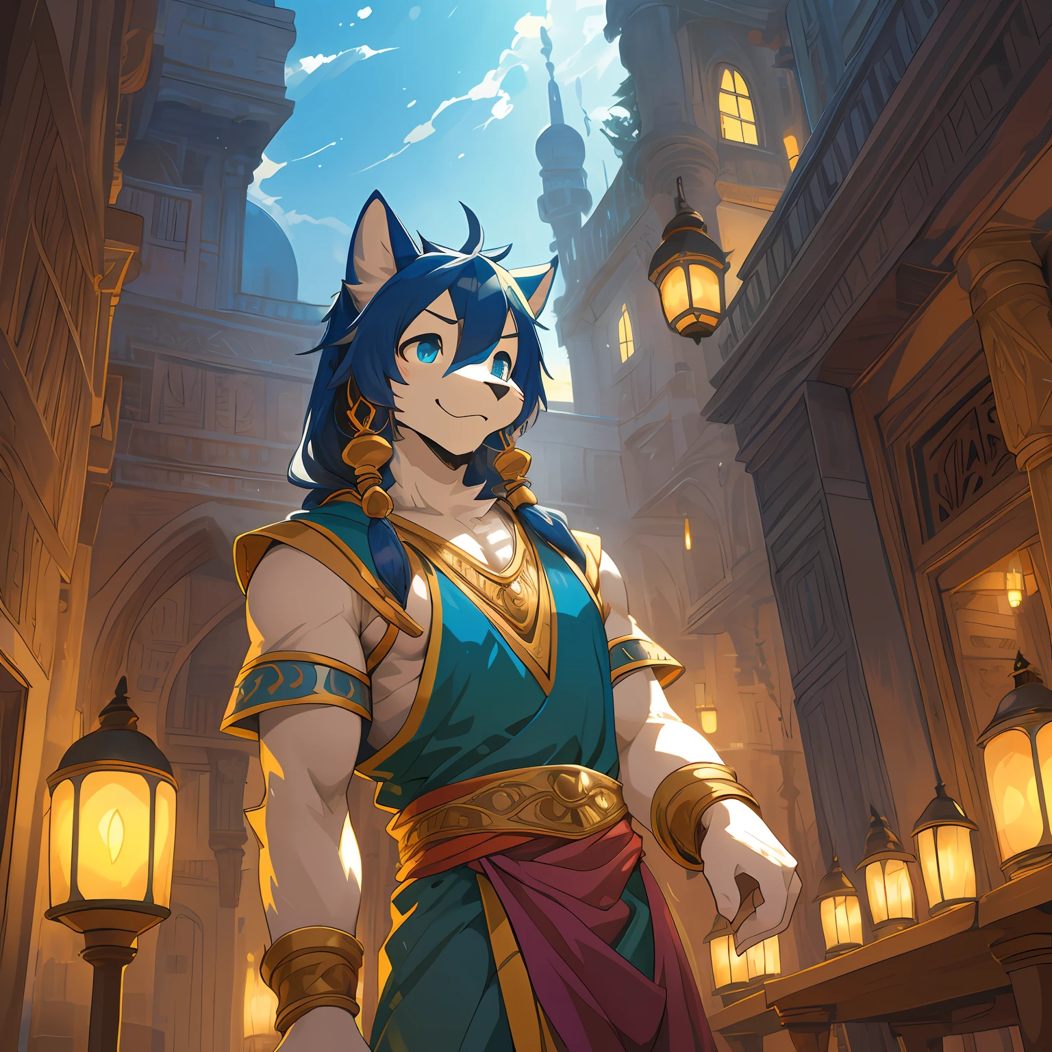 top quality, best quality, High-quality illustrations, masterpiece, super high resolution, detailed background, detailed background, Aladdin, The Arabian Nights' Entertainment, Sassanid, turkish lamp, 6+boys, 6+girls, absurdres(highly detailed beautiful face and eyes)perfect anatomy, expression, good lighting, cinematic shadow(kemono, furry anthro),