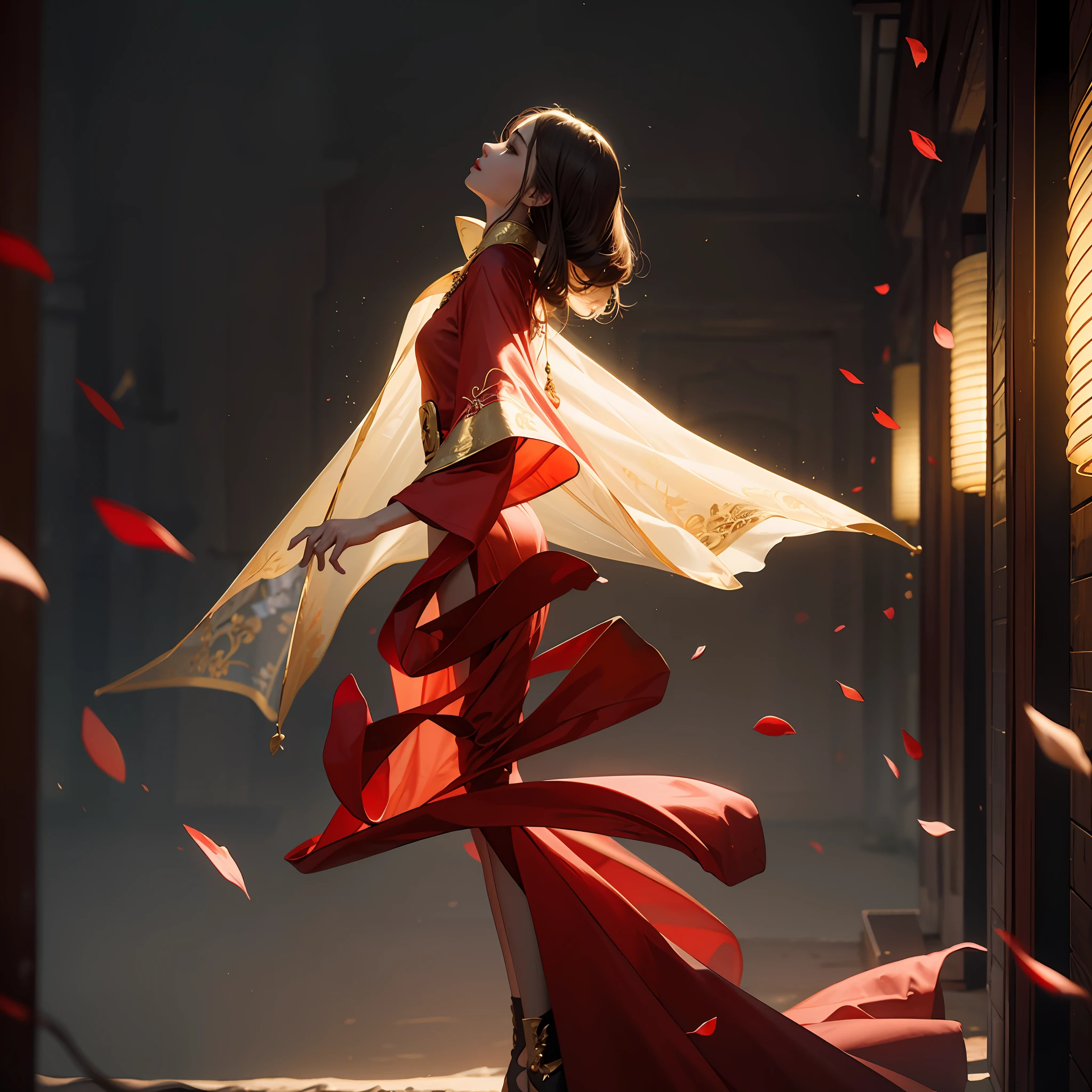 best quality, masterpiece, highres, (exquisite body:1.5),gorgeous face,(milky skin:1.3),intricate details,high resolution,wallpaper,
1girl, solo, dress, hair ornament, (((gold and red dress))), flowers, long hair, brown hair, closed mouth, jewelry, long sleeves, hand up, wide sleeves, big eyes,floating hair, chinese clothes, hanfu, embroidery, long skirt, natural pose, falling petals, indoor,fanning, lantern,
16K,HDR,highres,depth field,(film grain:1.1),boken,golden hour,(lens flare),vignette,rainbowing,(color grading:1.5)