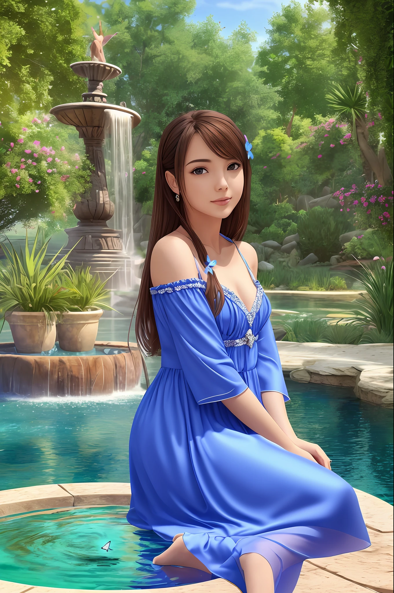 A beautiful girl sits by a fountain with many blue butterfly, realistic, high quality, masterpiece, clearly 4k --auto --s2