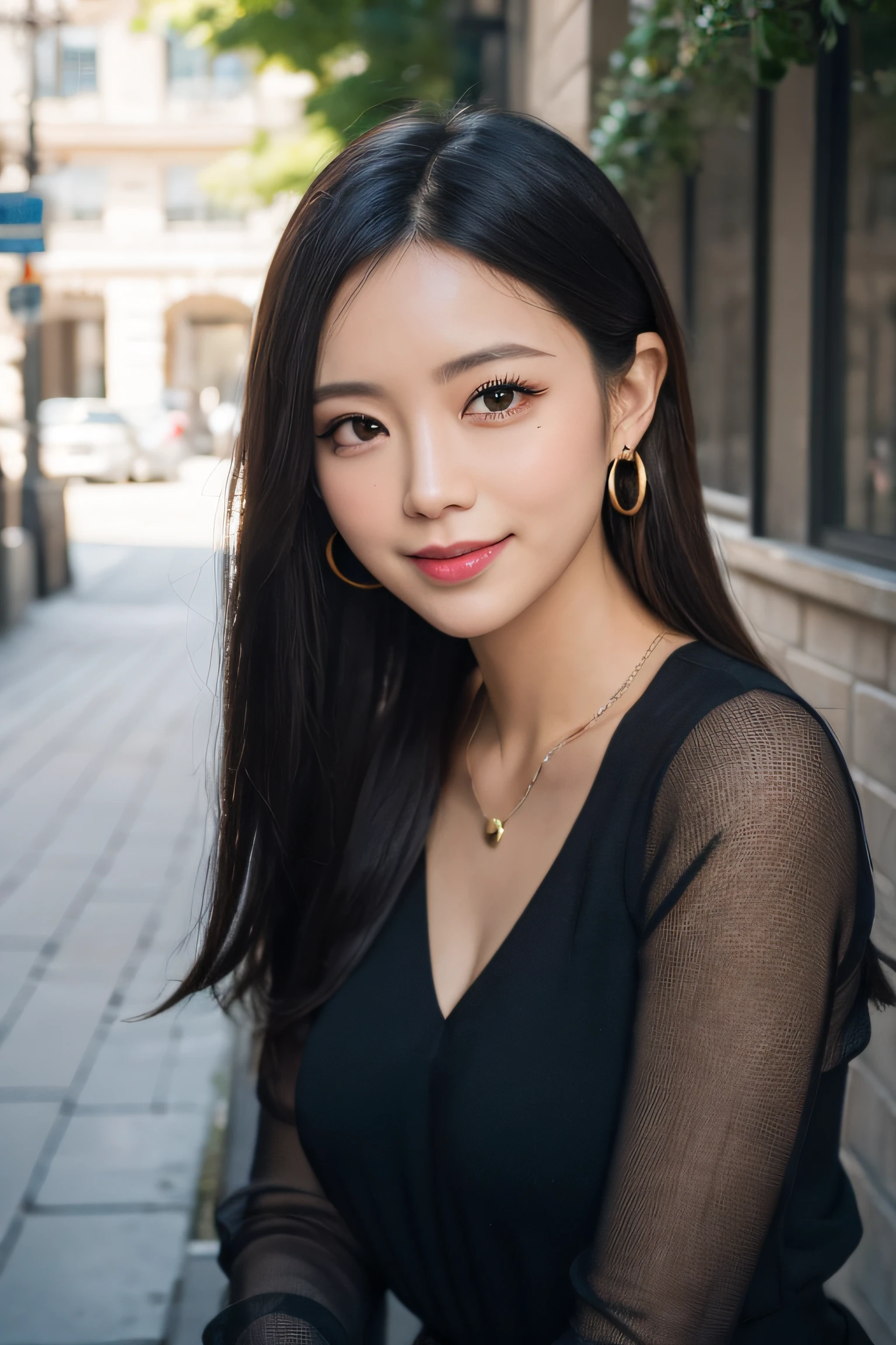 black hair, hair bobbles, longeyelashes, solid circle eyes, light smile, mole under eye, heart earrings, light smile, shy, puckered lips, Surrealism, drop shadow, stereogram, pov, atmospheric perspective, depth of field, first-person view, f/1.8, 8k, super detail, ccurate, best quality, highres, best quality,full body