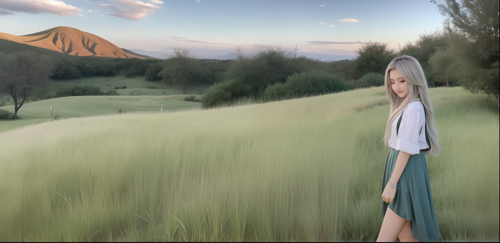 Kizi，exteriors，silber hair，Green grasslands，cinematric light，chase，natta，Flashlight