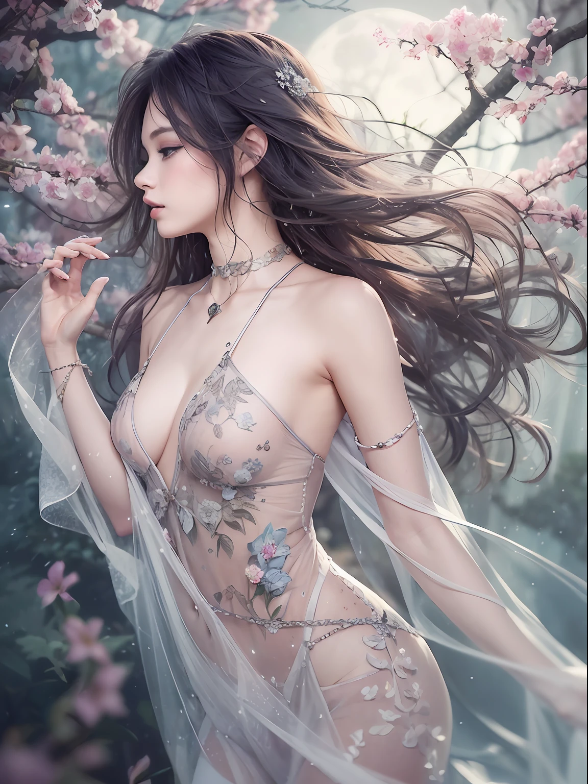loose outfit、Show shoulders、Navel Ejection、How to wear a gown with a broken see-through halter neck、Decorated with intricate patterns and pastel colors、Transparent material that makes the skin shine、Artistic depiction of seductive woman in gown with wet thin cloth and transparent skin, Floral and fantastic pattern with flowing silky traditional see-through skin。Her dress draped elegantly around her curvaceous figure、Emphasizes her charming silhouette。She's a gentle fireworks night、Dynamic Posing、Sexy Posing、bathed in the soft glow of moonlight。The scene is、With a hint of mystery and sensuality、It exudes an ethereal dreamy atmosphere。The image style is、It incorporates a blend of watercolor and digital illustration techniques.、It makes you feel delicate beauty and charm。Soft moonlit lighting、Cast gentle highlights and shadows on her mesmerizing features。Dynamic Posing、Bold poses、The hand is somewhere、see -through、show through、A sexy、Wet hair、Wet、cherry trees、flower petals、cherryblossom、The cherry tree、Sakura blizzard、buried、Transparent skin、Wet clothes、Chest Pulling、Translucent clothes、Eau、nudde、2a person、garterbelts、fishnet tights、huge moon