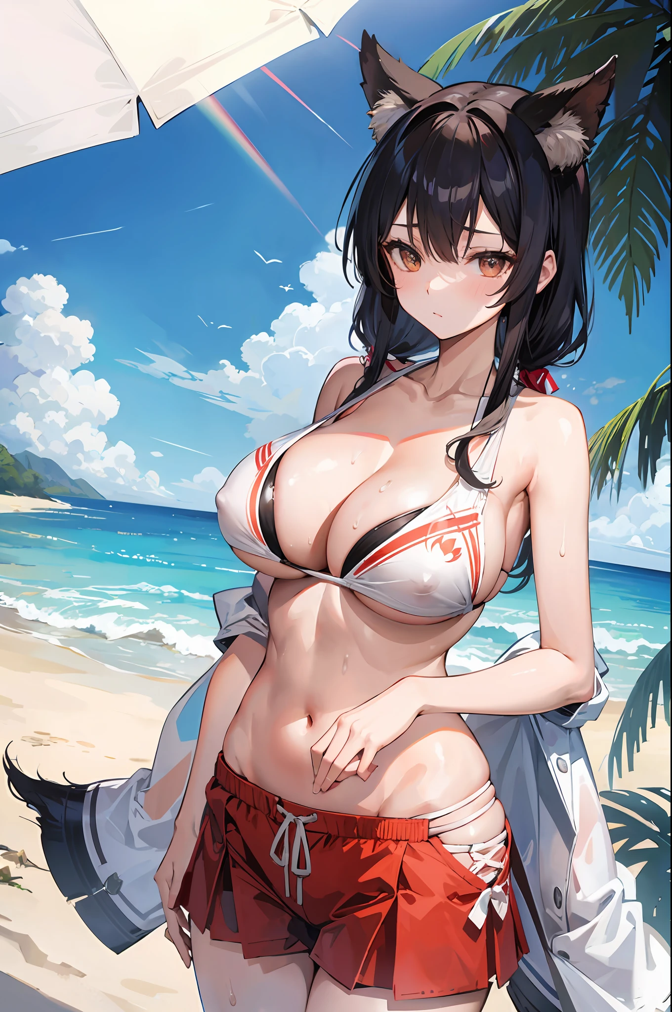 kitsune, huge breasts, midriff, bikini, beach, sweat
