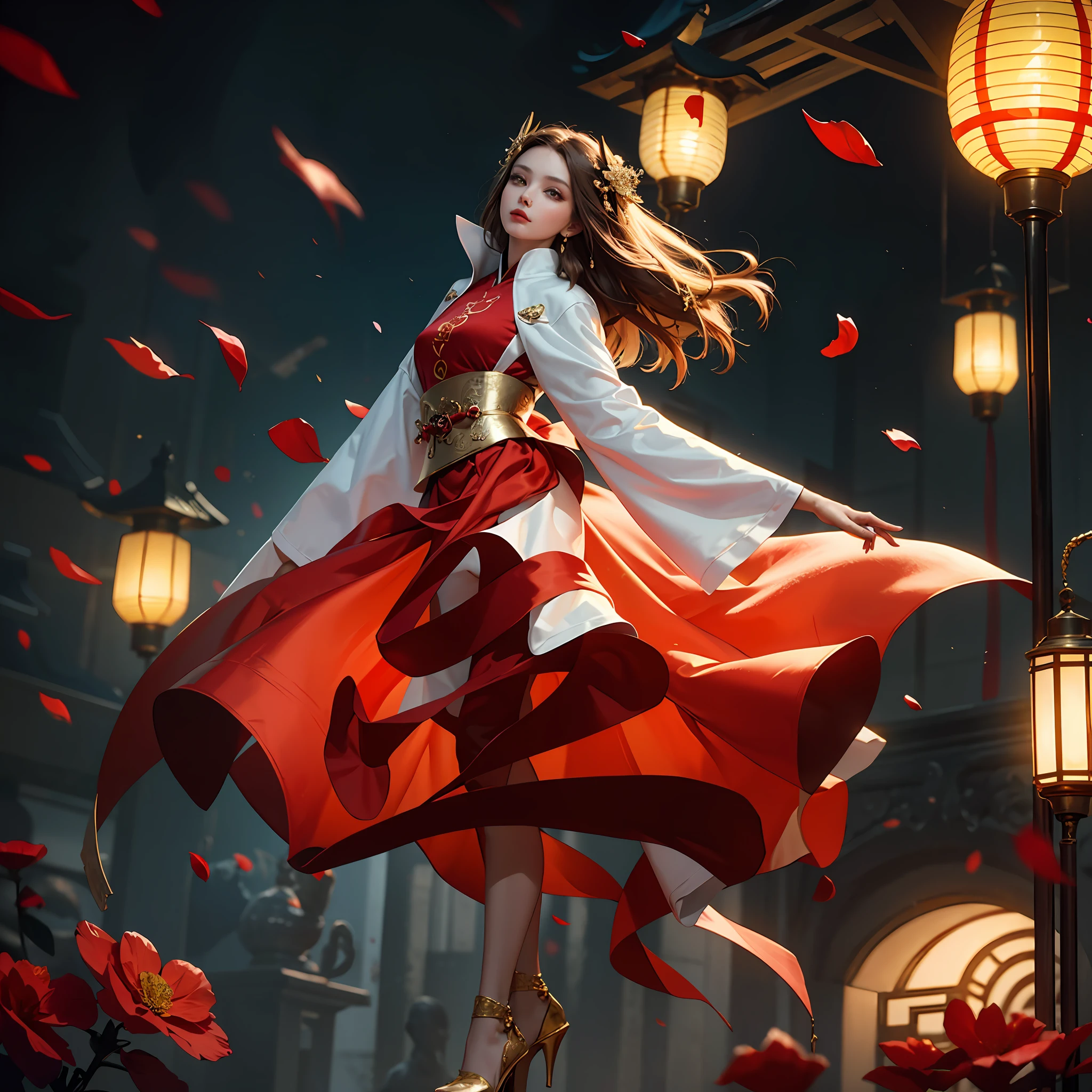 best quality, masterpiece, highres, (exquisite body:1.5),gorgeous face,(milky skin:1.3),intricate details,high resolution,wallpaper,
1girl, solo, dress, hair ornament, (((gold and red dress))), flowers, long hair, brown hair, closed mouth, jewelry, long sleeves, hand up, wide sleeves, big eyes,floating hair, chinese clothes, hanfu, embroidery, long skirt, natural pose, falling petals, indoor,fanning, lantern,
16K,HDR,highres,depth field,(film grain:1.1),boken,golden hour,(lens flare),vignette,rainbowing,(color grading:1.5)