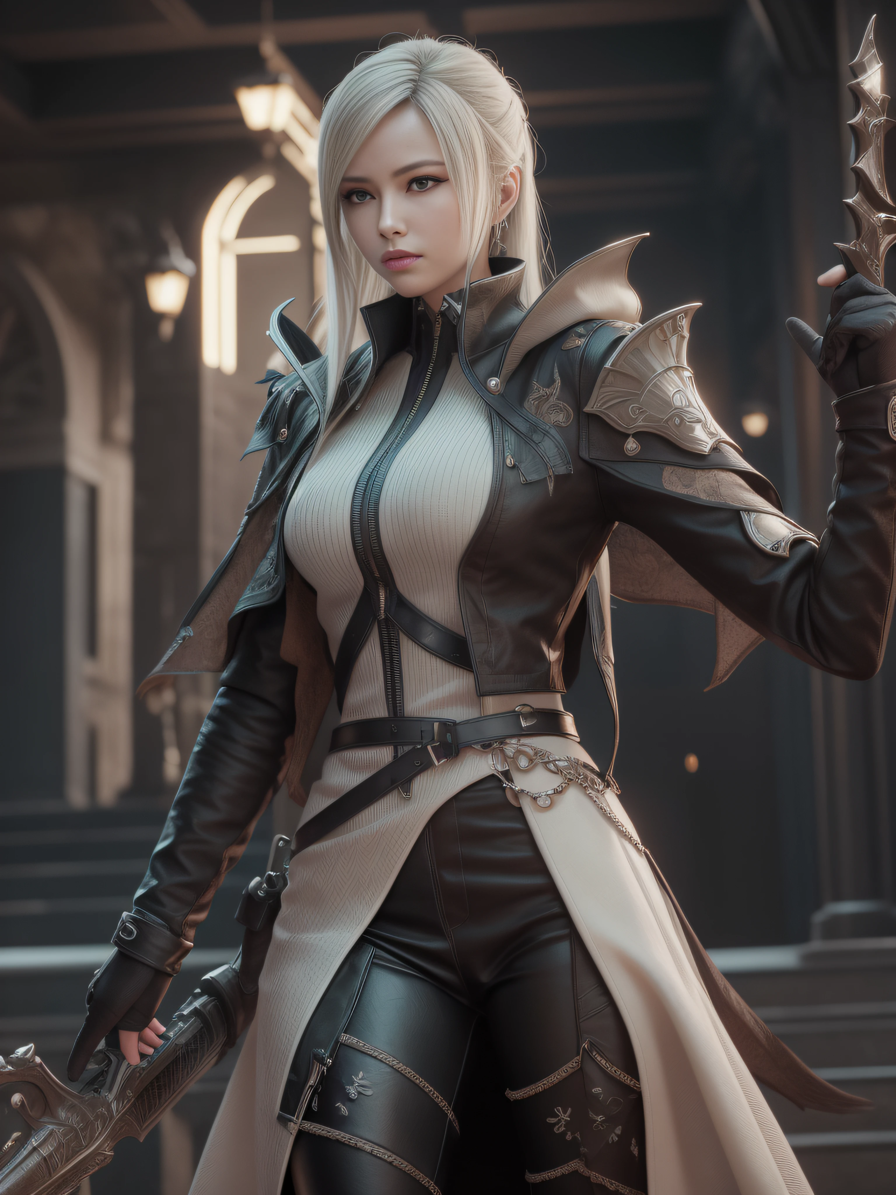 Highest image quality,Outstanding details,超高分辨率,(Fidelity:1.4), Favor the details,(Final Fantasy XV character Ellania Dragon Knight), Wielding the Fang Tianlong Halberd,Cloak, She has a delicate and beautiful face,Raised sexy,cyber punk perssonage,Futuristic,mechanically aesthetic,Virtual Engine 5,Perfect detail rendering,rendering by octane,hyper HD