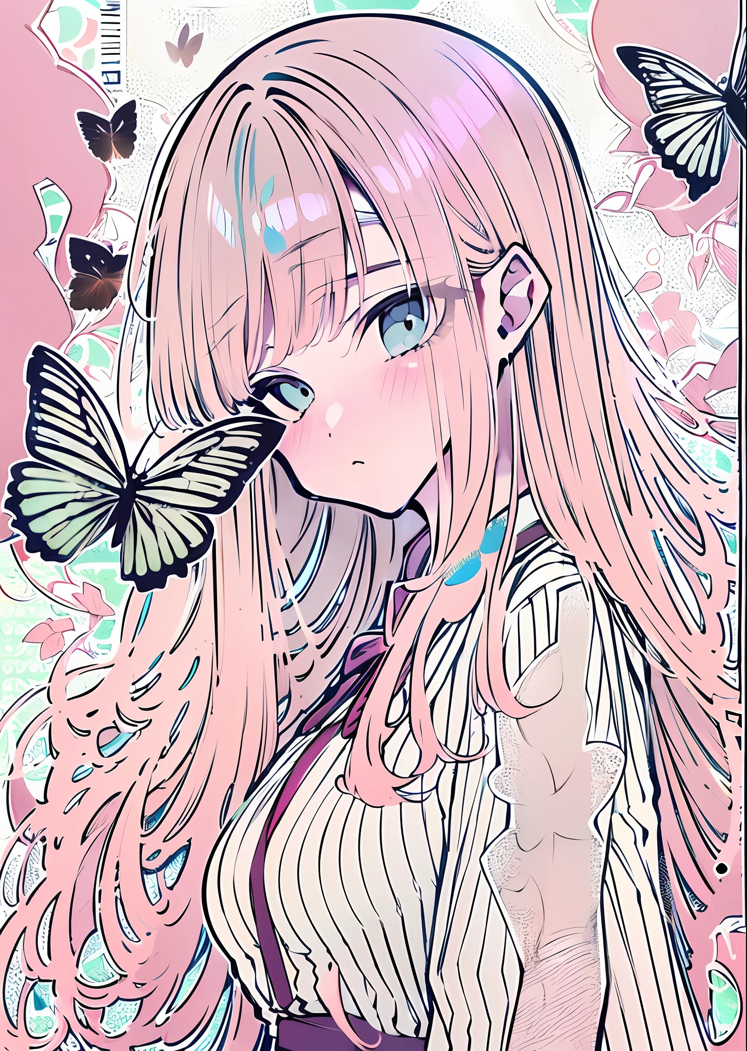 (tmasterpiece,best qualtiy,独奏,long whitr hair,Looking at you,By bangs,minimalistic background,longer sleeves,white dresses,Cover the hair of the eyes,Light blue eyes,Keep your mouth shut,Mono Color,The upper part of the body,pastel pink dress,baby pink hair,frilld,Puffy sleeves,finger nails,butterflys,Big high school girl,pink back ground)