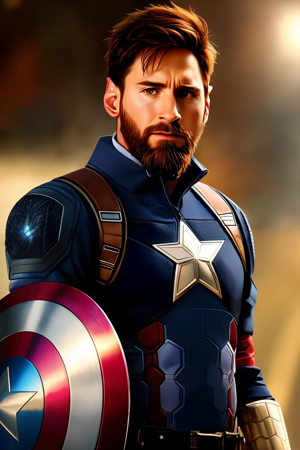 Extremely detailed photo of Messi's fashionable short beard wearing Captain America armor, model photoshoot, 8K UHD, Ultra detailed, RAW photography