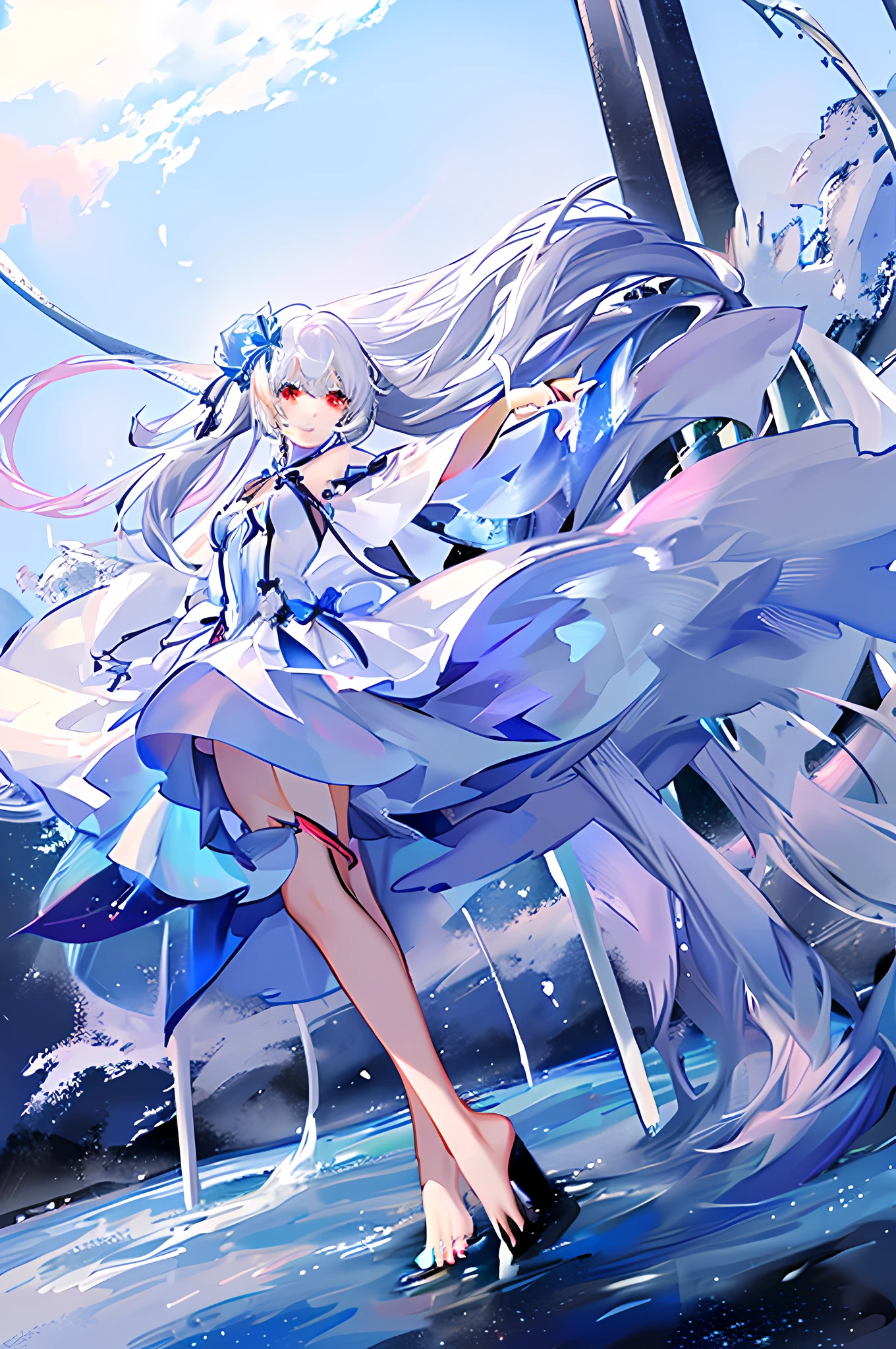 ((1080p,tmasterpiece,Best Picture Quality)), low chest,Superskirt,Dress boldly,,Single white hair red eyes girl, ssmile,Anime girl with barefoot long hair blue dress holding sword