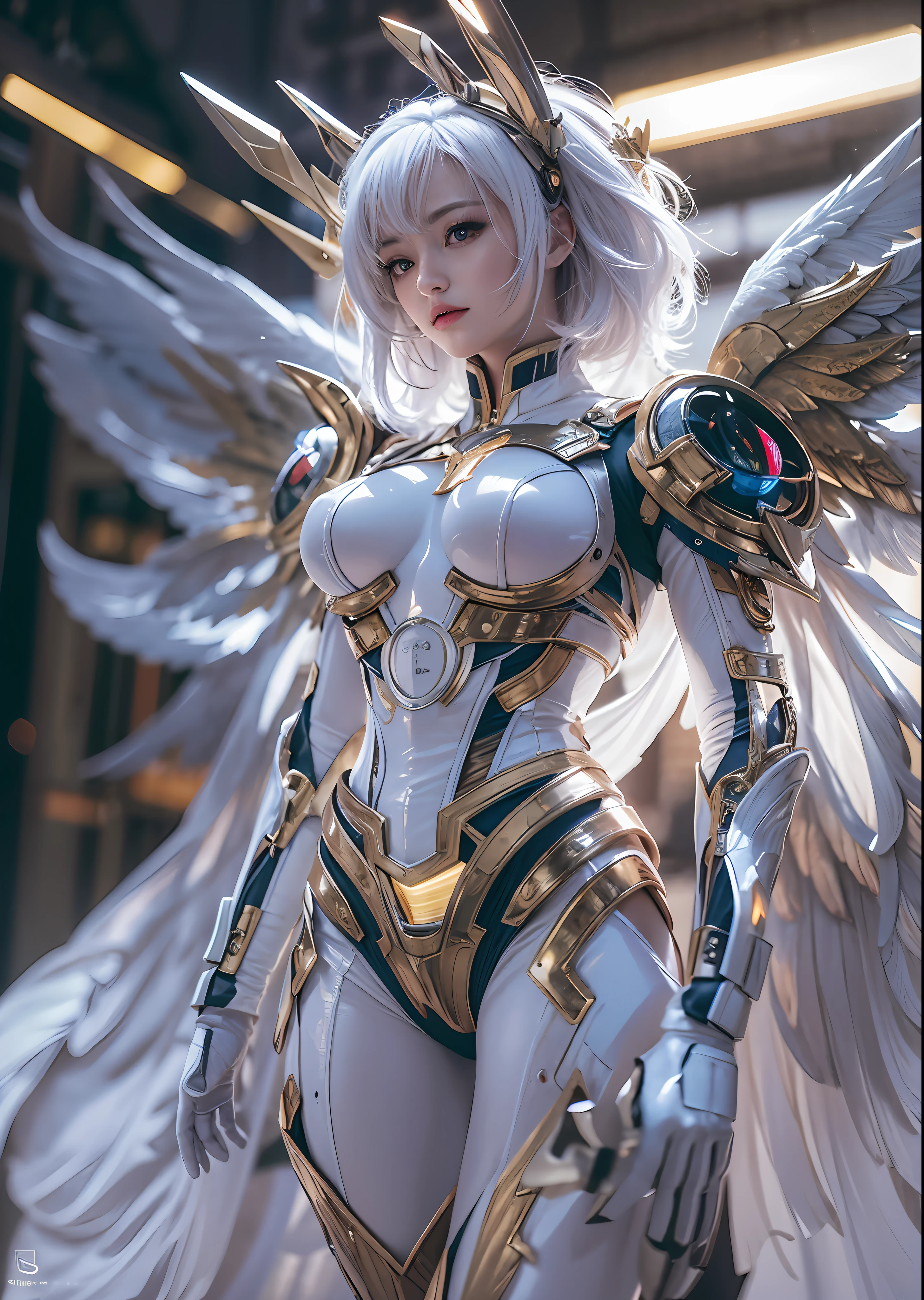 top-quality、​masterpiece、超A high resolution、(Photorealsitic:1.4)、Raw photo、Powered Suit Angel、large wings made of metal、White porcelain body、Acrylic Clear Cover、white  hair、glowy skin、1 Powered Suit Girl、((super realistic details))、portlate、globalillumination、Shadow、octan render、8K、ultrasharp、character edge light,Colossal tits、Raw skin is exposed in cleavage、Details of complex ornaments、Zeta Gundam details、Hydraulic cylinder、Small LED lamp、highly intricate detail、Realistic light、a purple eye、radiant eyes、Facing the camera、neon details、cowboy  shot、Futuristic headgear、The background is a steampunk city、、