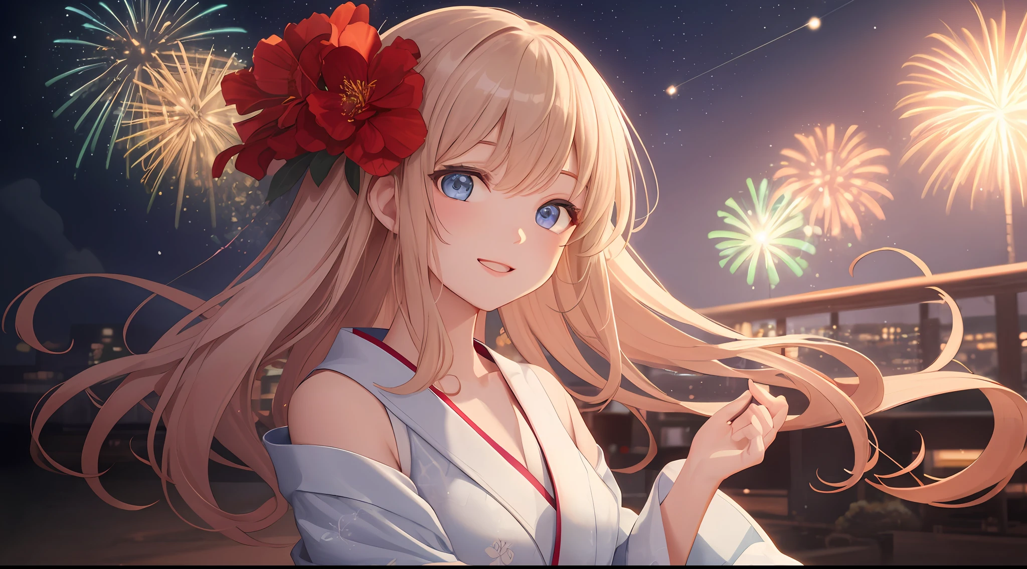 (Masterpiece, top quality, super detailed CG, beautiful detailed eyes, super detailed, intricate details:1.2), 8k wallpapers, elaborate features,
(1 person, solo:1.4)perfect cartoon illustration,(1 person, solo:1.4)
(realistic textures:0.8), high res, cute, (vivid colors, dynamic lighting:1.0), (high contrast:0.8), Very pretty girl, big smile, long hair, dark eyes, yukata, night, fireworks in the night sky, dispersion of light, describe the whole body.