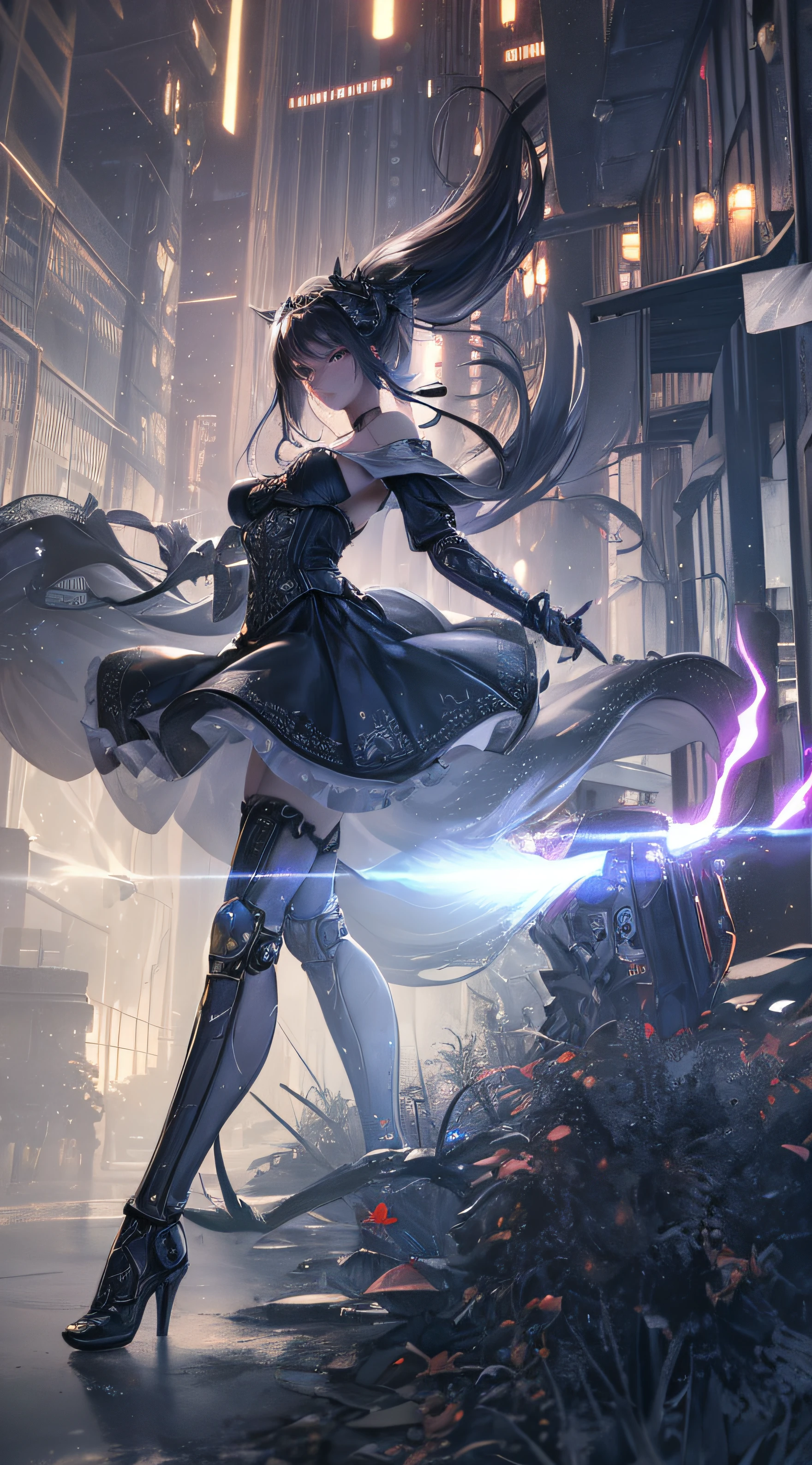 ((Super Best Quality)), ((Very Masterpiece)), ((Super detail:1.4)), ((3d ultrarealistic)), android mage girls, Mechanical body, Dynamic Full Body Action Pose in Battle Scenes, Very Complex and Heavy Fighter Mechanical Armament, Off-the-shoulder fashion fused with detailed and intricate steampunk and detailed gothic lolita, intricate steampunk headgear, very thin long legs, mechanical boots above the knee, fluttering lace flared miniskirts, upturned and beautiful little breasts, rather long vertical curly silver hair driven by the wind, countless shining large spheres flying around, many sparks crossing and splashing, countless neon lights raining down from poses that evoke magic, steampunk factories, Intricate and precise mechanical ruins, very dark night backgrounds, Very dramatic and cinematic lighting.