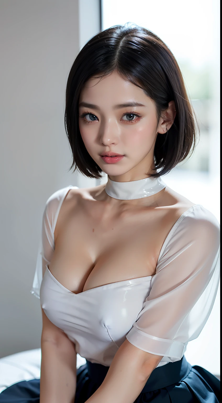 ​masterpiece、top-quality、超A high resolution、High detailed portrait、(photographrealistic:1.4)、(((1girl in)))((1girl in、White fair skin、Look up at your audience、close up of face、age19、spotless、cute little、pretty black hair、Glossy black hair、bobhair_cut、shorth hair、Big breasts))(enticing、Simple blue and white two-tone uniform、校服、Glossy clothing、Dripping wet body)(portrait of japanese famous actress)、(a smile、Happiness、jolly、closes mouth)、(sexy  pose)、High detailed eyes、((Really snow-white background、Nothing background))、((long neck、bangss、bangss、Clean face、Gaze staring at the camera、Lashes、big eye、Distinct double eyelids、glowy skin、Clean skin quality、lipgloss))、is standing、wide Shots、skirt by the、Wide Open Chest Shirt、thighs thighs thighs thighs