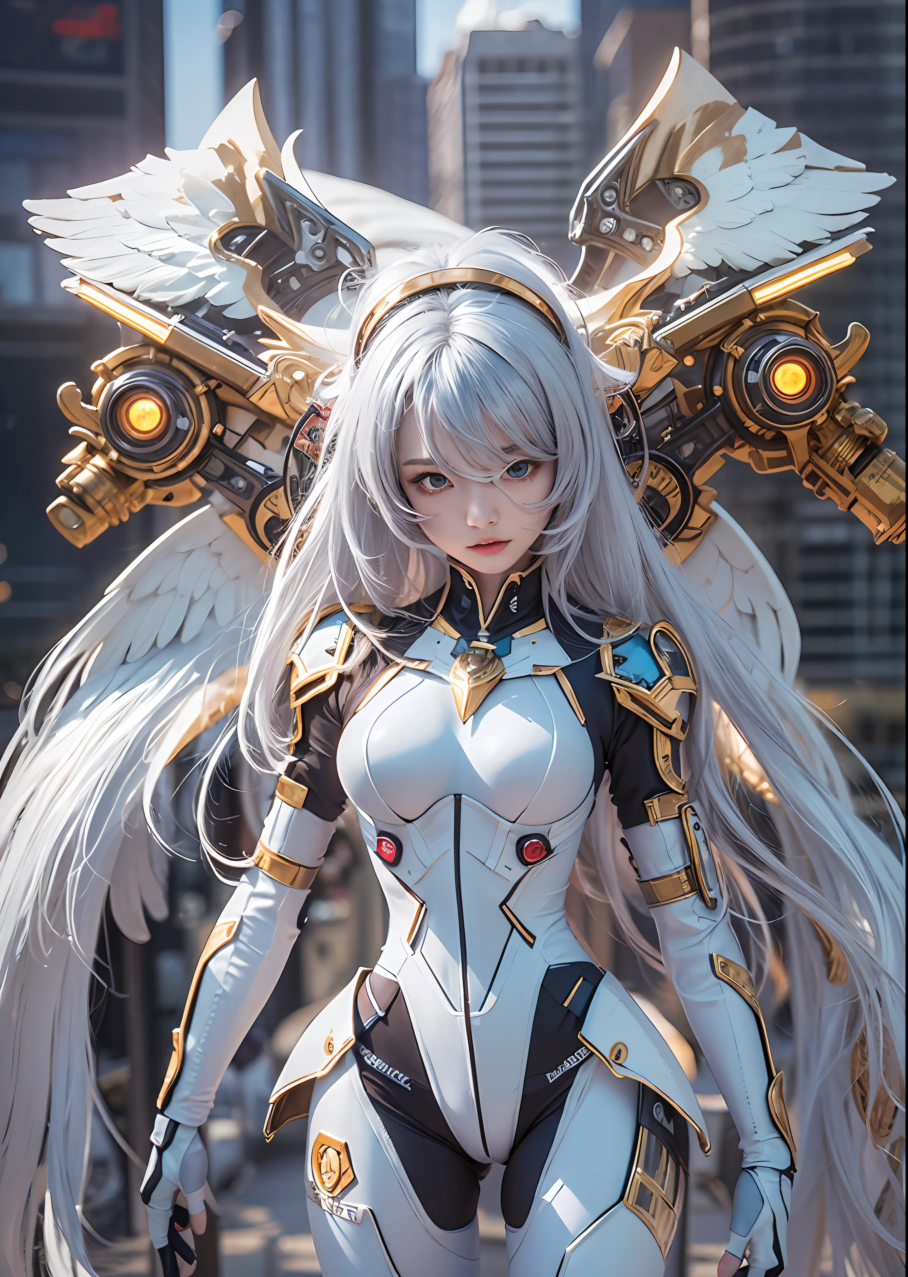 top-quality、masterpiece、超A high resolution、(Photorealsitic:1.4)、Raw photo、Powered Suit Angel、large wings made of metal、White porcelain body、Acrylic Clear Cover、white hair、glowy skin、1 Powered Suit Girl、((super realistic details))、portlate、globalillumination、Shadow、octan render、8K、ultrasharp、character edge light,Colossal tits、Raw skin is exposed in cleavage、Details of complex ornaments、Zeta Gundam details、Hydraulic cylinder、Small LED lamp、highly intricate detail、Realistic light、a purple eye、radiant eyes、Facing the camera、neon details、cowboy shot、Futuristic headgear、The background is a steampunk city、、
