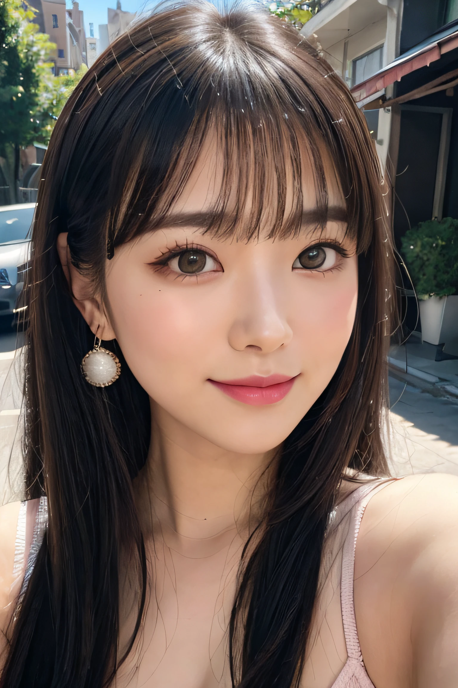 black hair, hair bobbles, longeyelashes, solid circle eyes, light smile, mole under eye,pink earrings, light smile, shy, puckered lips, Surrealism, drop shadow, stereogram, pov, atmospheric perspective, depth of field, first-person view, f/1.8, 8k, super detail, ccurate, best quality, highres, best quality,full body