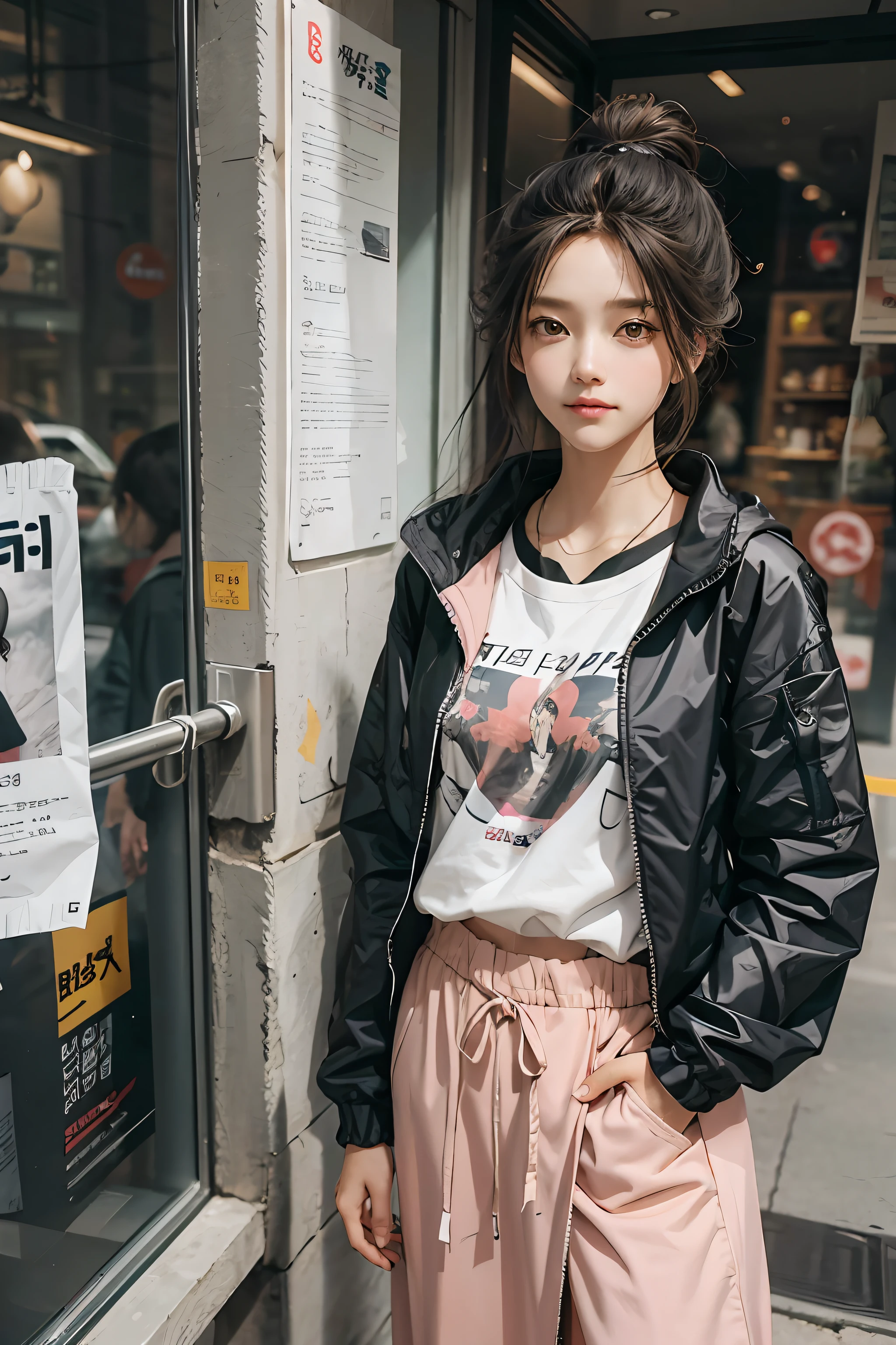 One long hair Girl,Stylish sweatshirt, Windbreaker long skirt,The color of the clothes is bright and simple,Cute, Very aesthetic,Realistic style anime,ssmile,self-assured,Put your hands in your pockets,tmasterpiece,ultraclear,8K,HighestQuali,