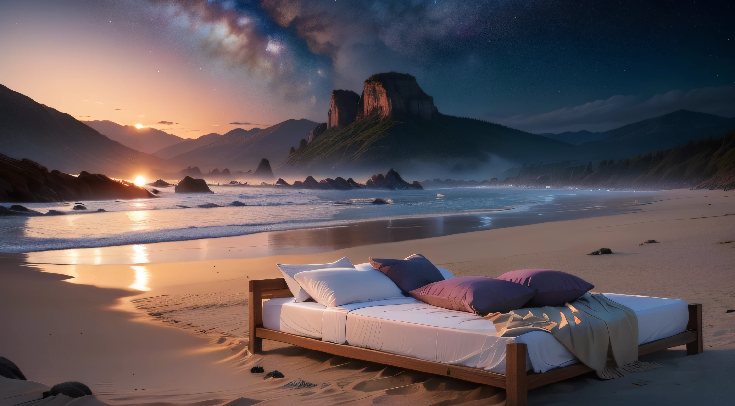 bed with white sheets on a misty beach during twilight with large grassy mountains and a big spiral galaxy in the sky