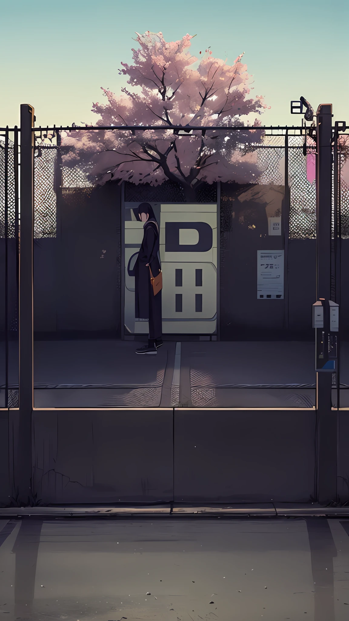 (masterpiece, top quality, best quality, official art, beautiful and aesthetic:1.2),extreme detailed,colorful,highest detailed,branch, building, chain-link fence, cherry blossoms, fence, long hair, outdoors, petals, landscape, rain, tree,sky,street