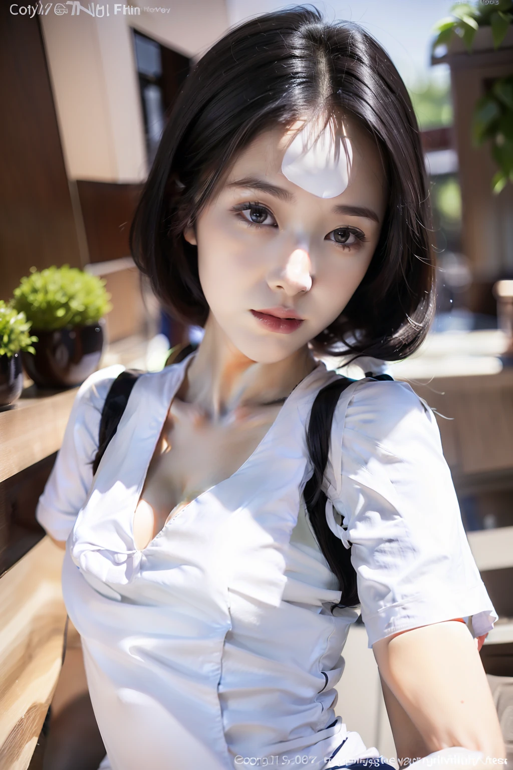 ((Deep V white nature vest:Long black hair|9)+High saturation+Background bokeh)+(Cute girls+junior school student|2)(Cool white light tone+self-shot+scissor hands+Thin+cleavage)